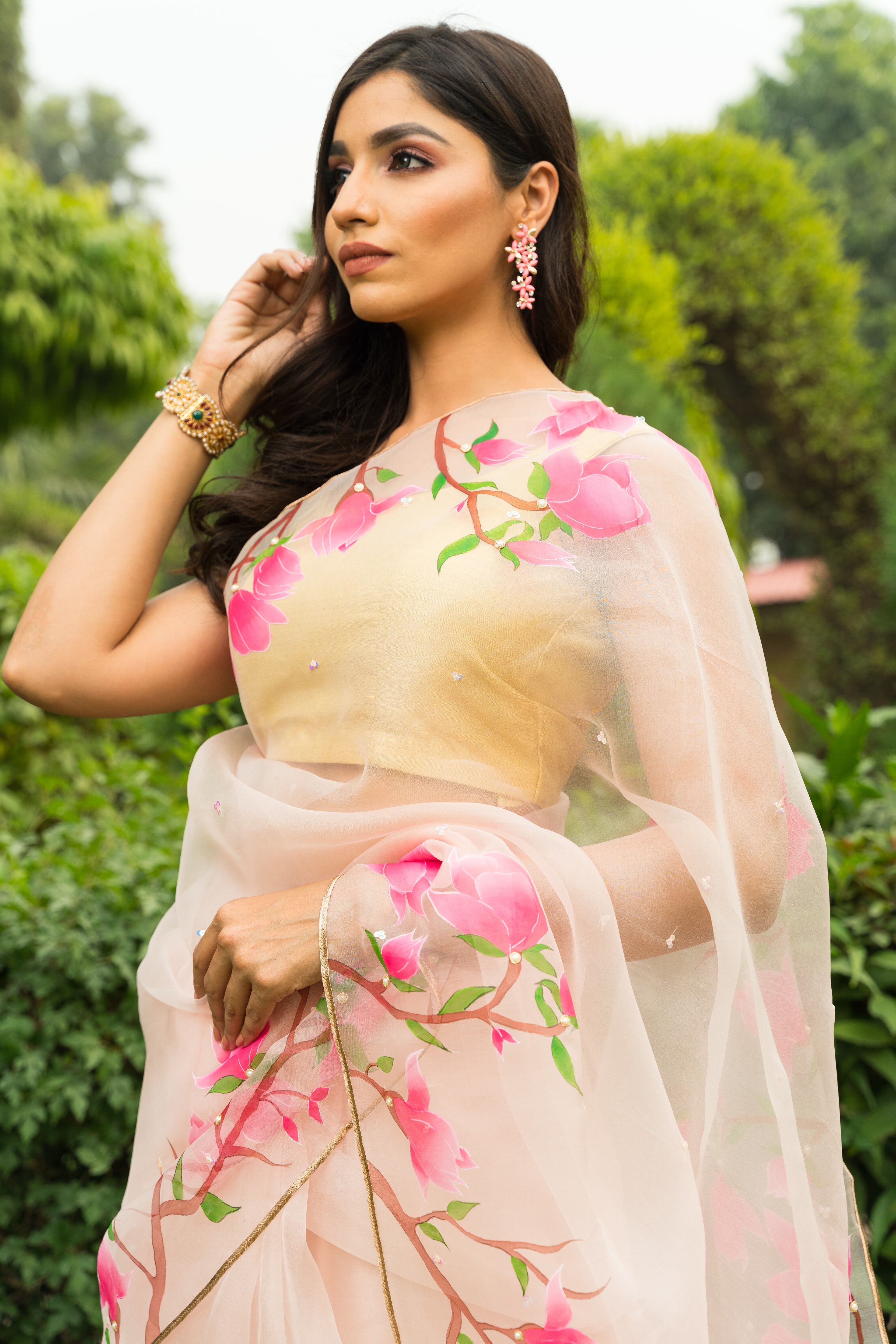 Handpainted and Hand embroidered Powder Pink Pure Silk Organza Magnolia Saree
