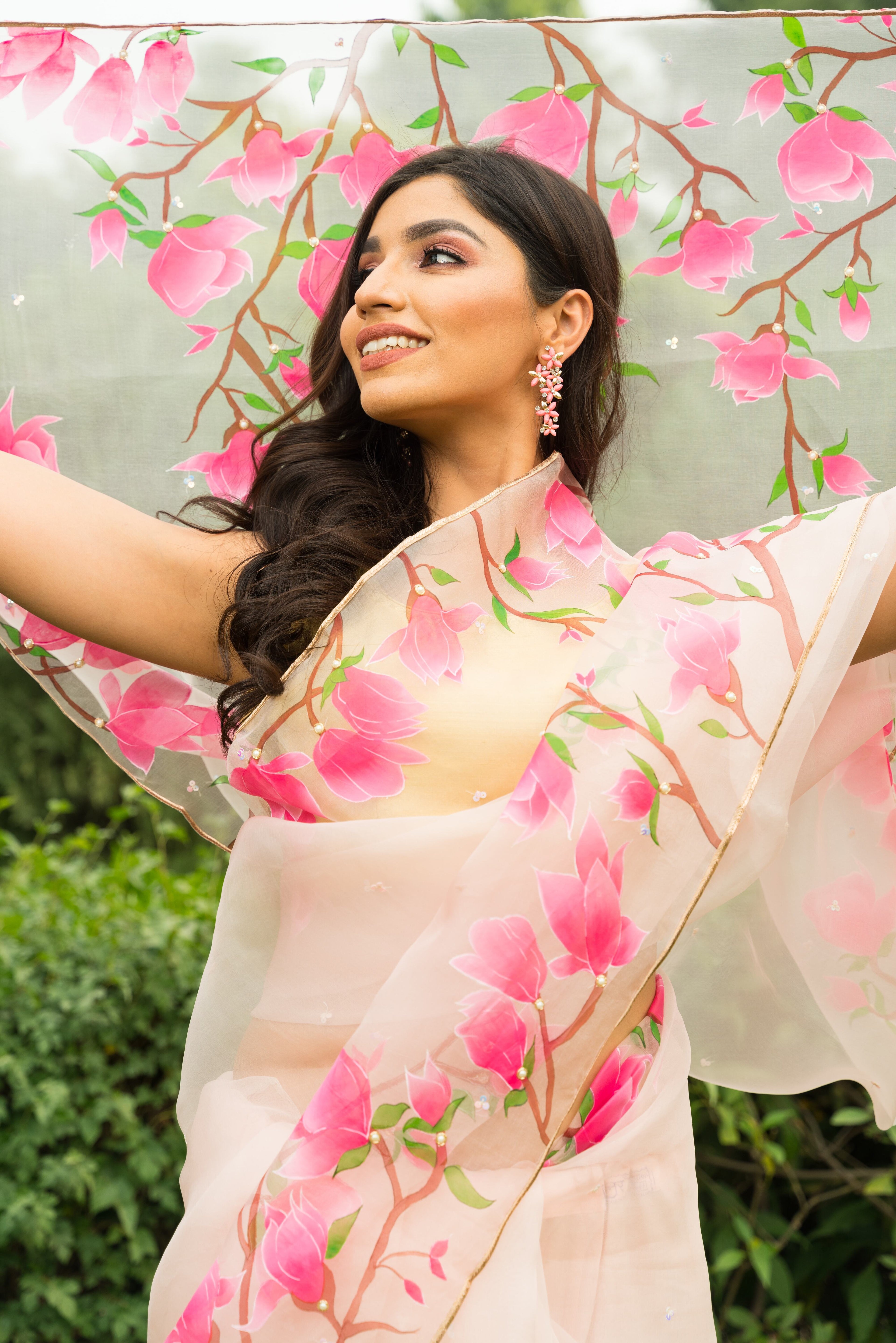 Handpainted and Hand embroidered Powder Pink Pure Silk Organza Magnolia Saree