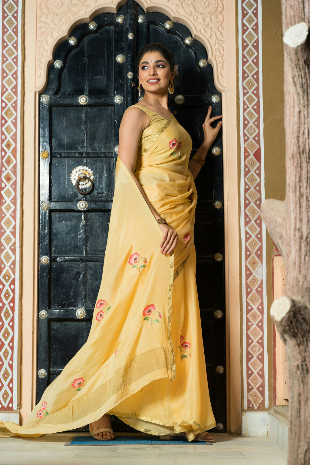 Hand-Painted and Hand-Embroidered Golden Yellow Pure Crepe Silk Saree