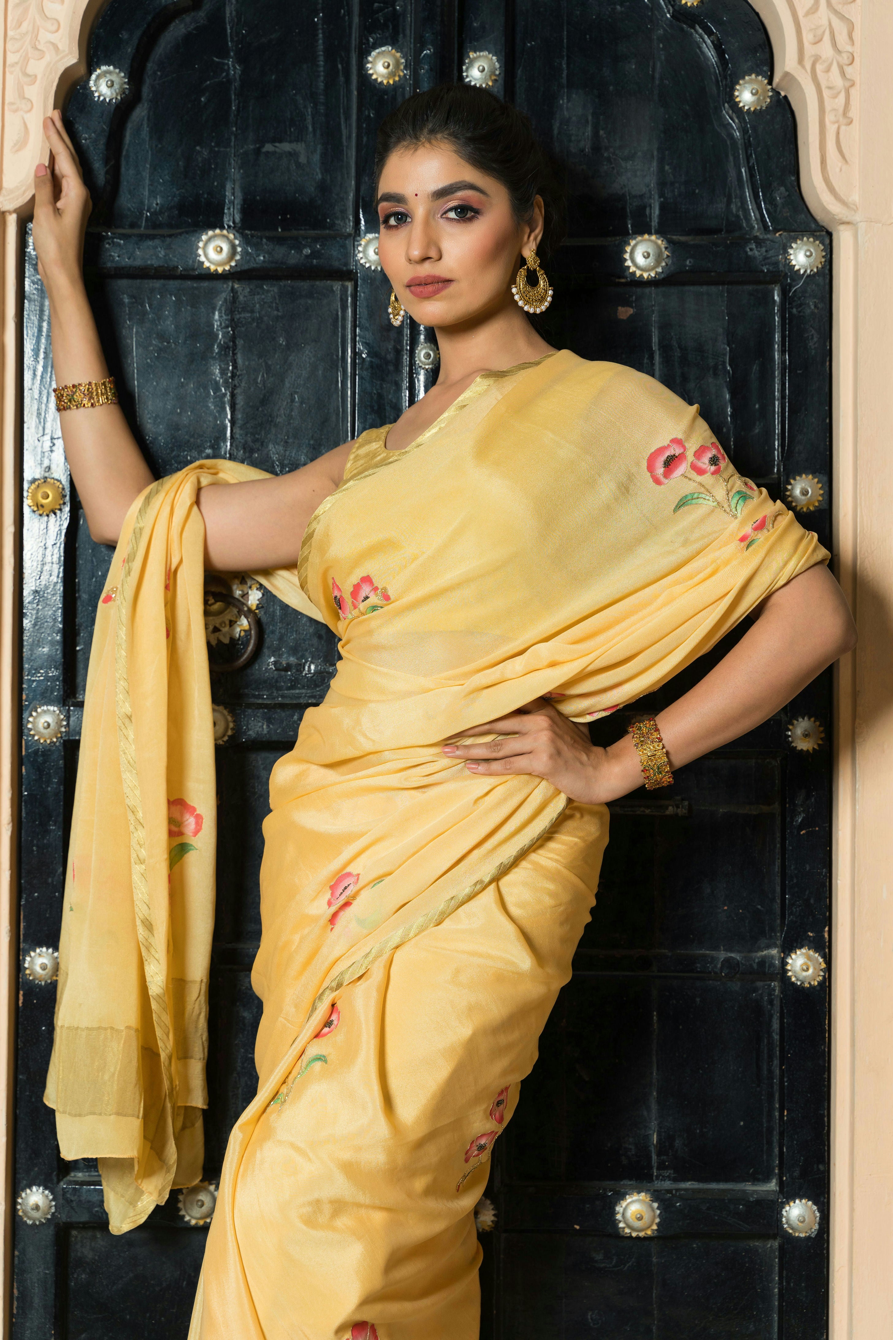 Hand-Painted and Hand-Embroidered Golden Yellow Pure Crepe Silk Saree