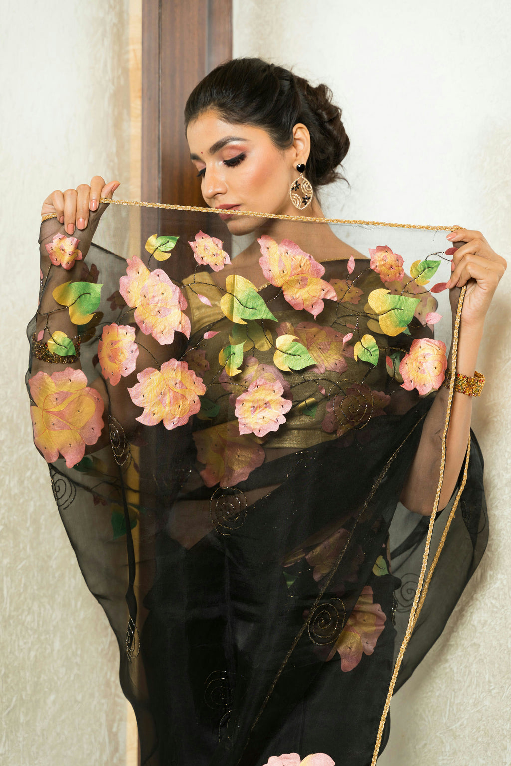 Black Hand-Embroidered Glass Beads Silk Organza Saree
