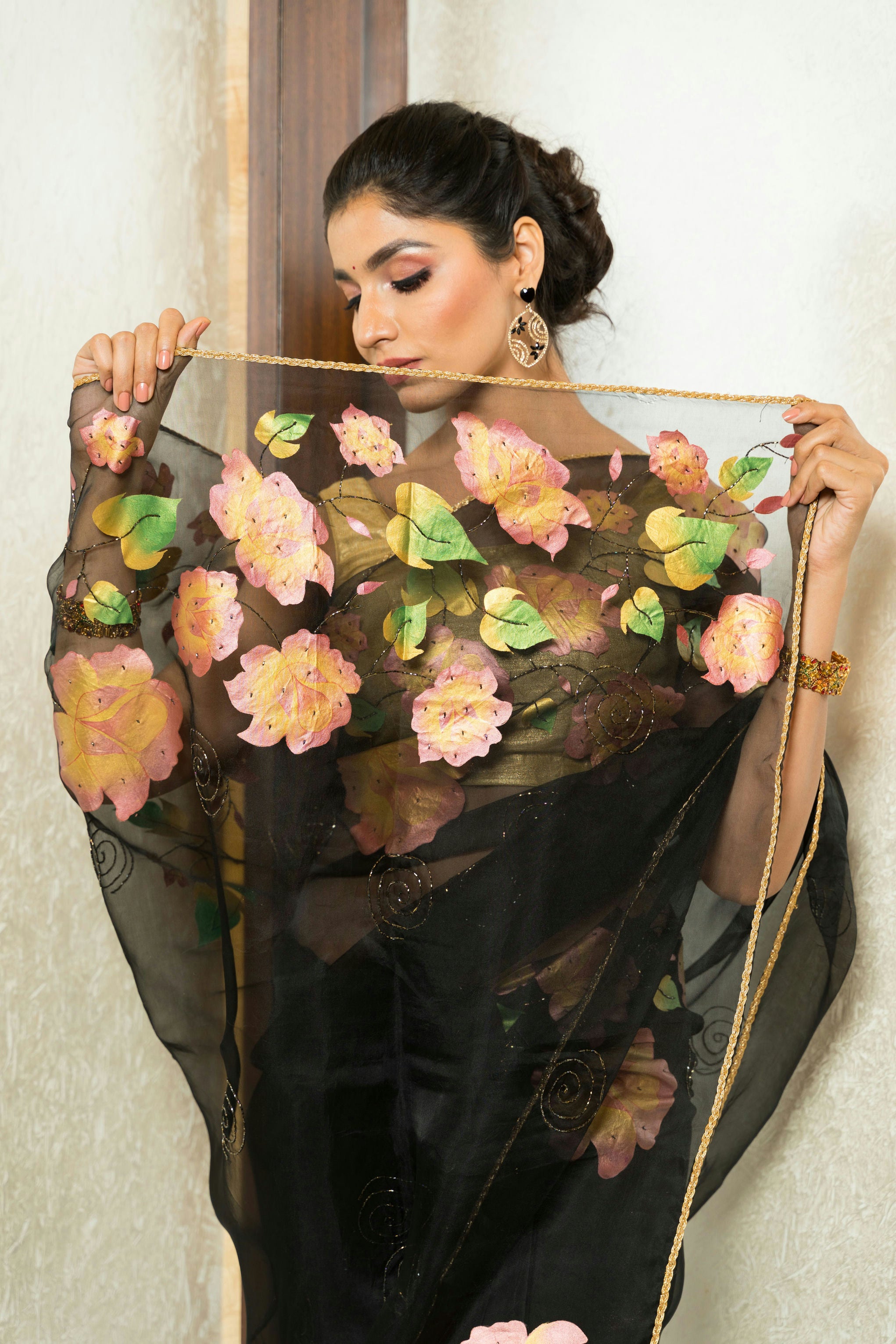 Black Hand-Embroidered Glass Beads Silk Organza Saree