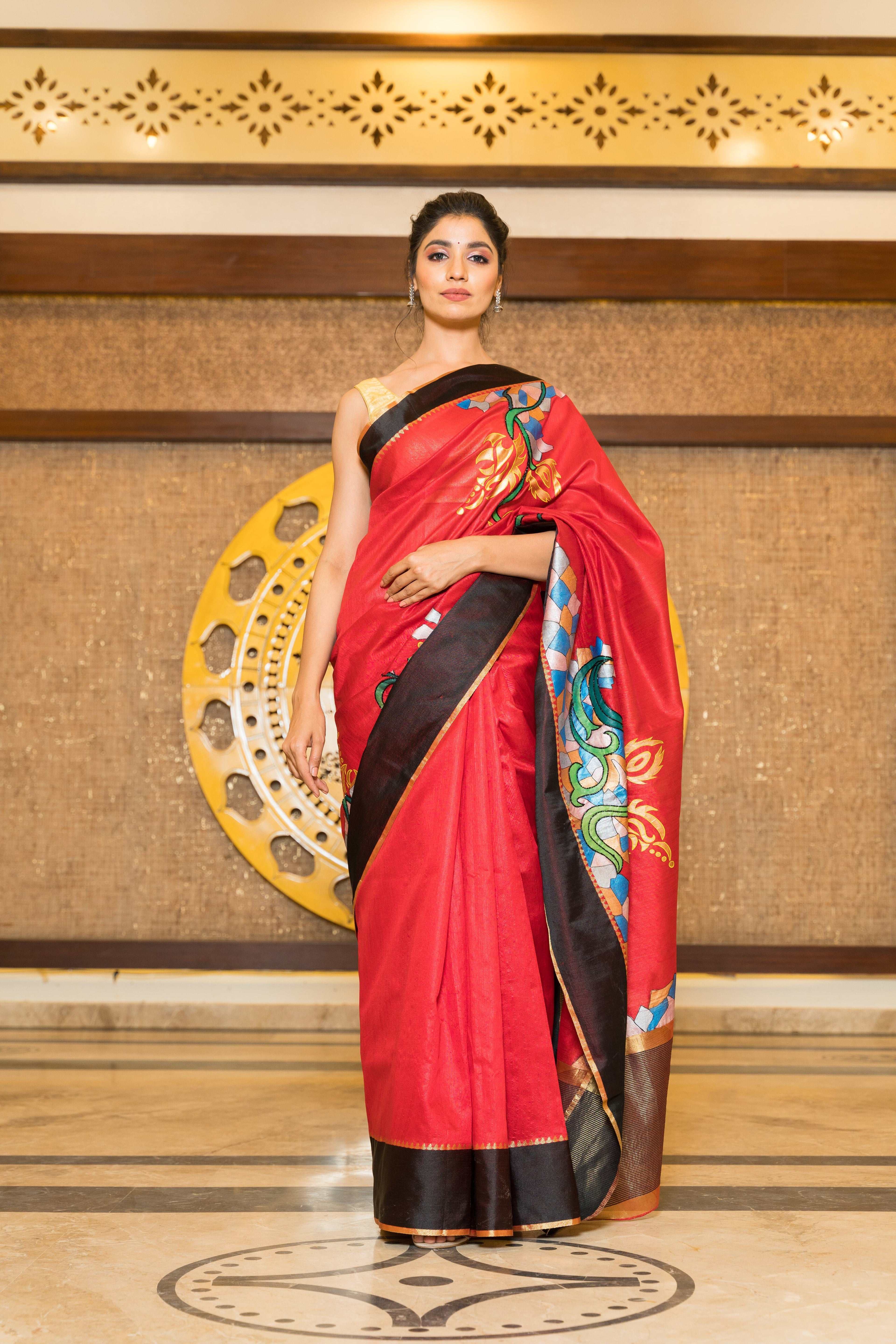 Handpainted and Hand embroidered Red Sambalpuri Silk Saree