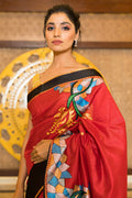 Red and Black Hand-Painted Sambalpuri Silk Saree