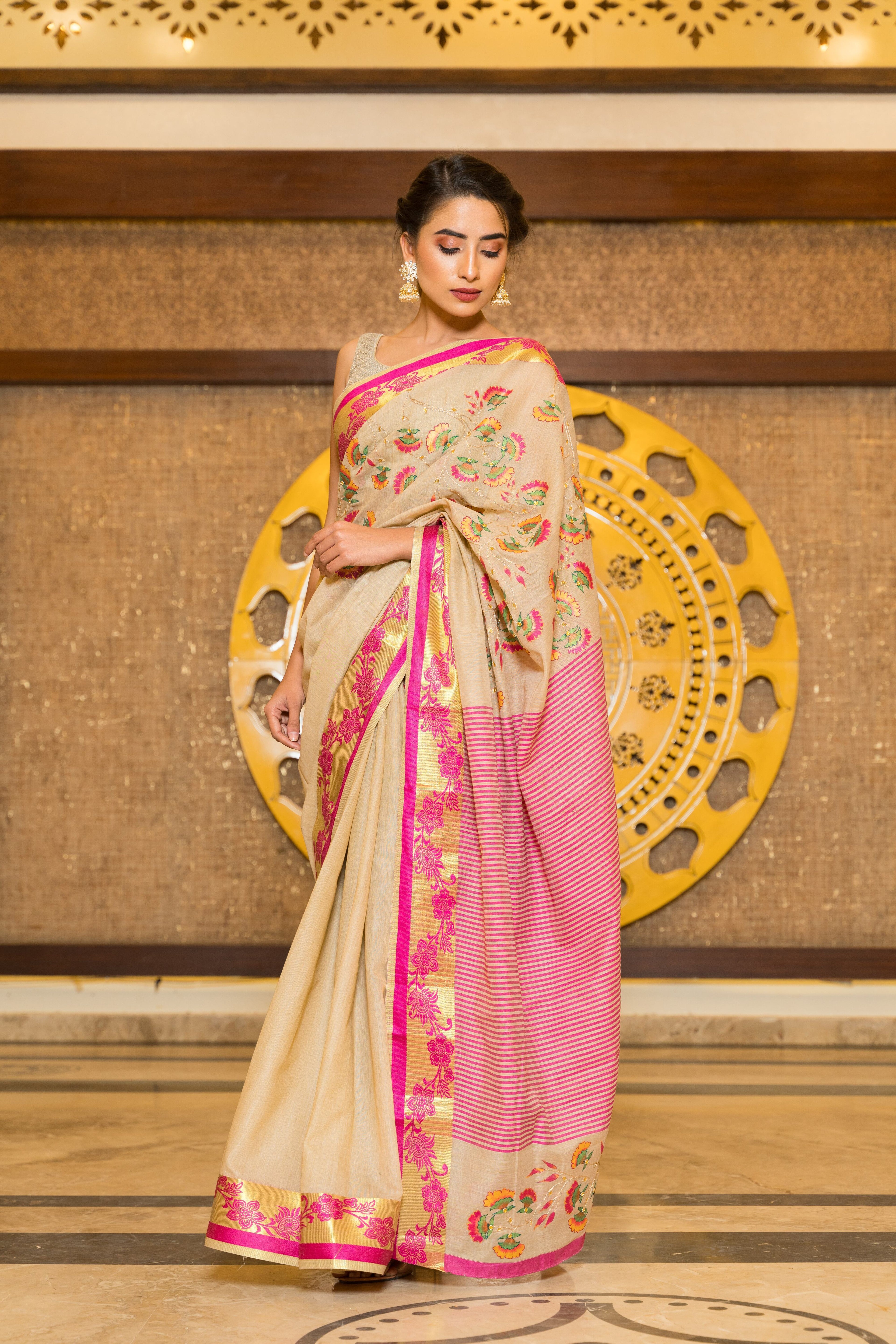 Handpainted and Handembroidered  Handloom Soft Voile Silk Saree
