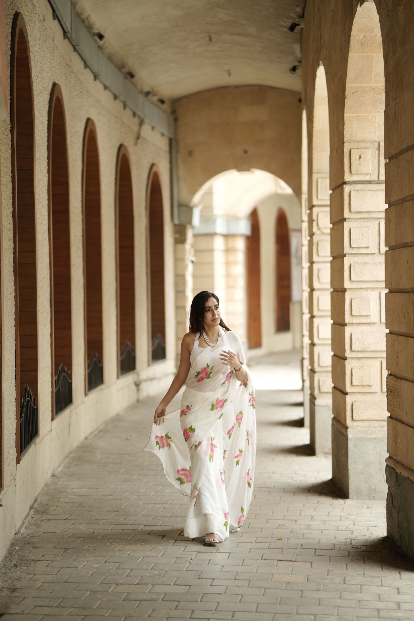 Hand-Painted White Floral Chiffon Saree