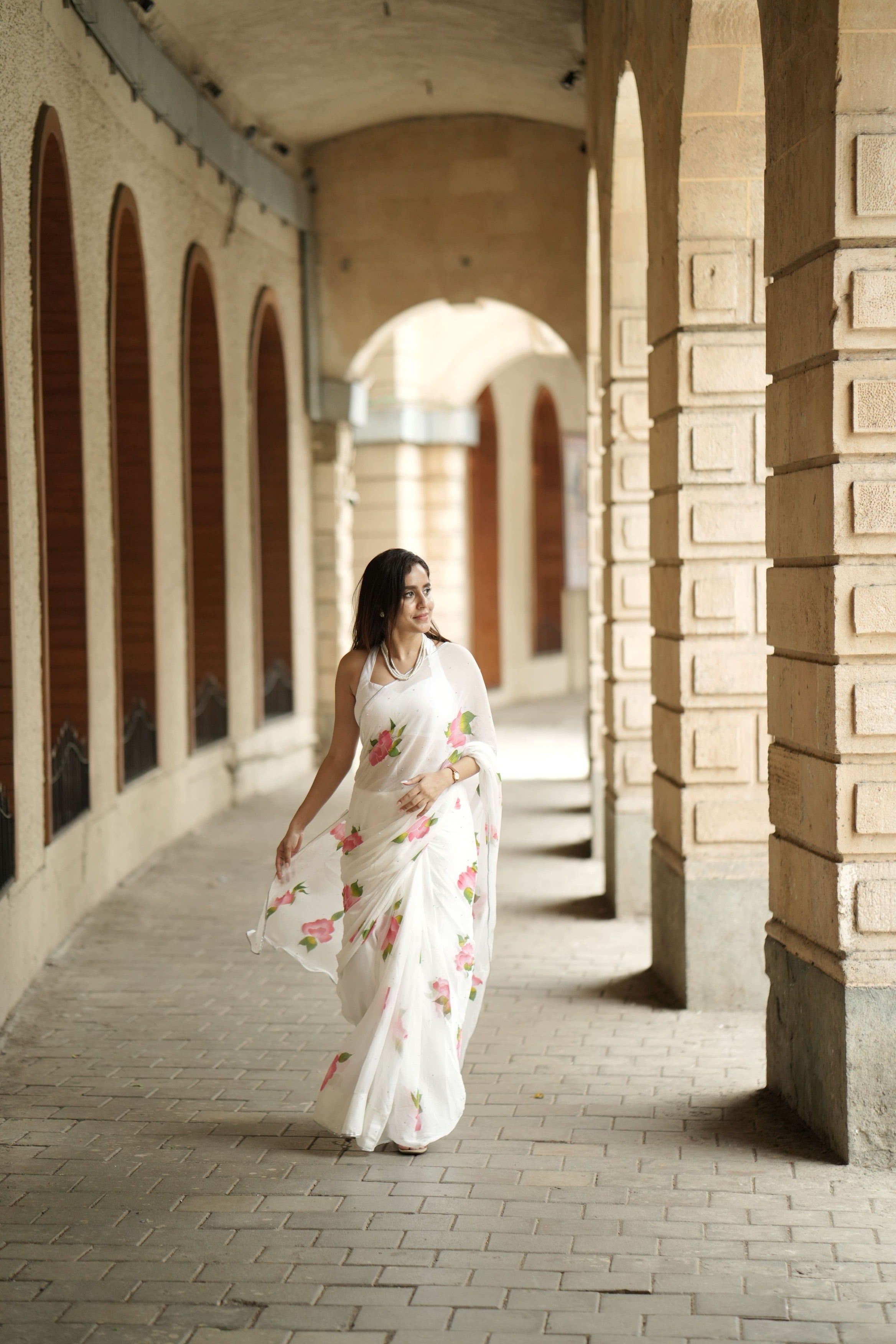 HandPainted and Hand embroidered White Floral Chiffon Saree