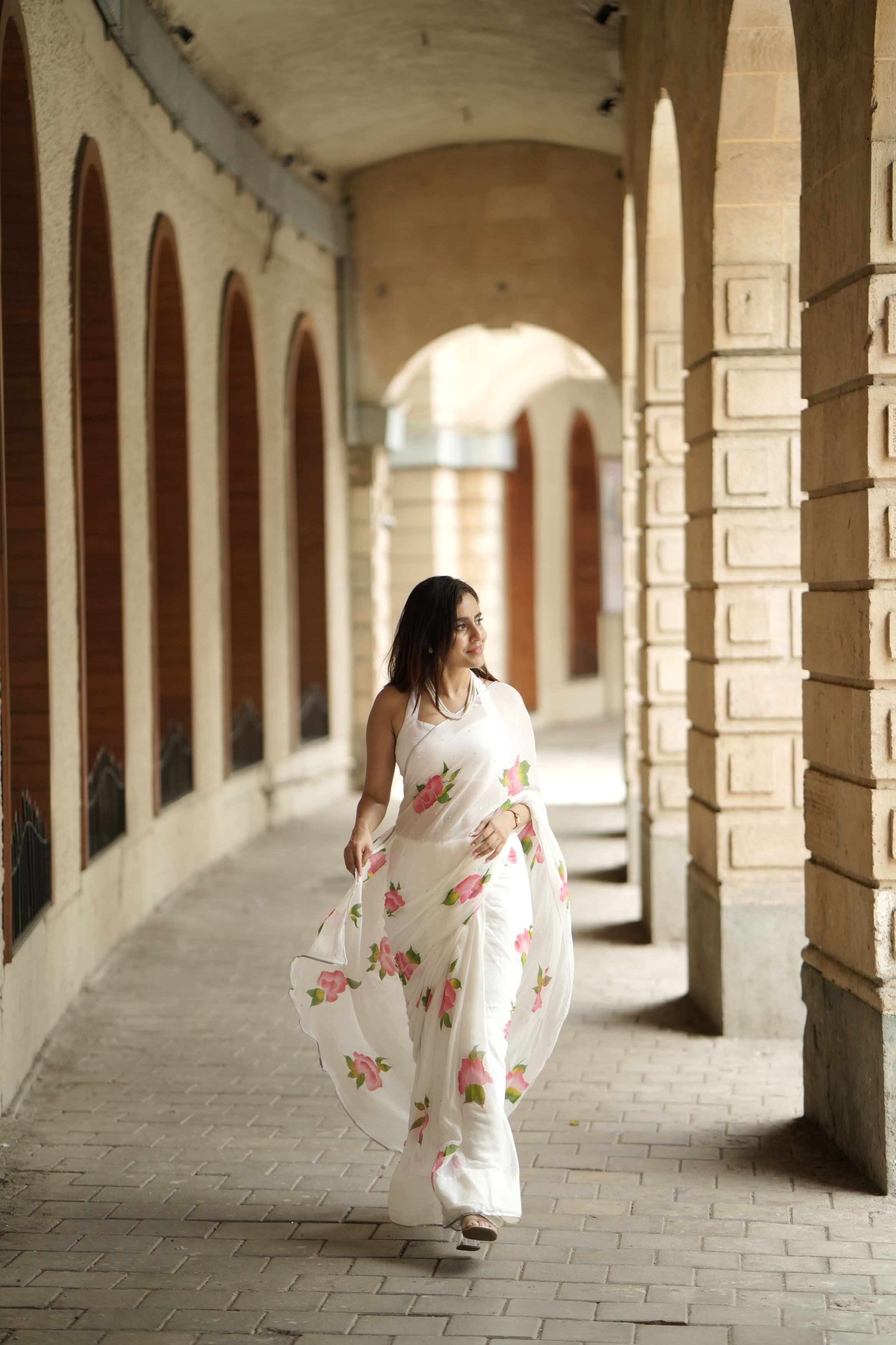HandPainted and Hand embroidered White Floral Chiffon Saree