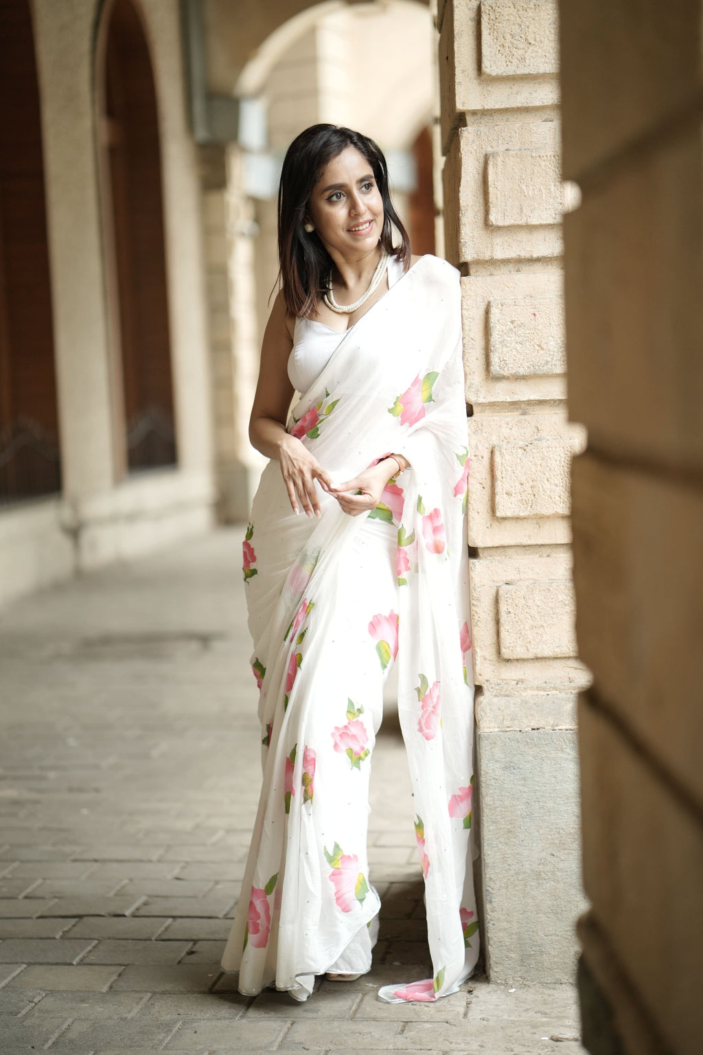 HandPainted and Hand embroidered White Floral Chiffon Saree