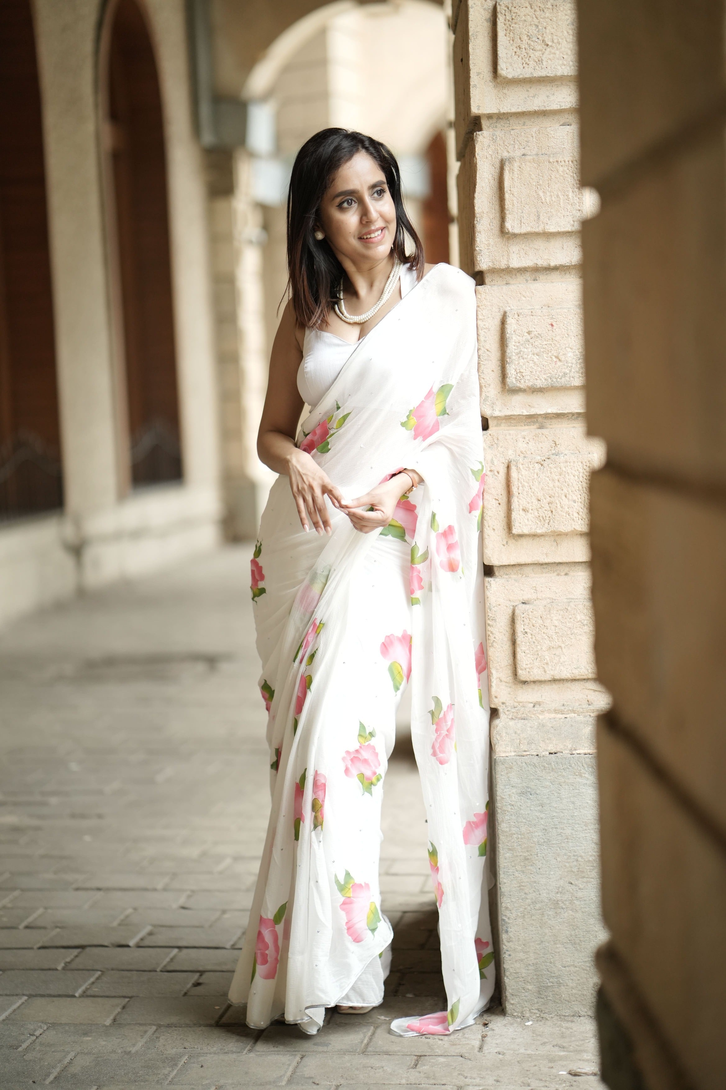 HandPainted and Hand embroidered White Floral Chiffon Saree