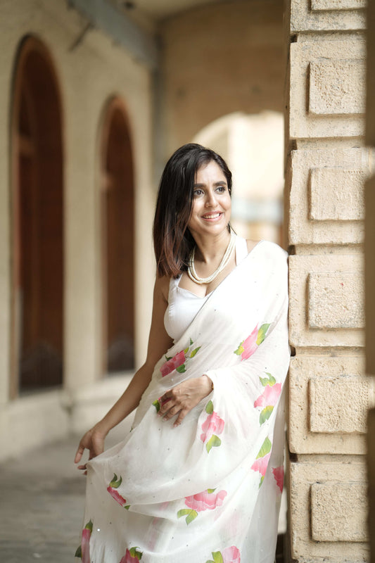Hand-Painted White Floral Chiffon Saree