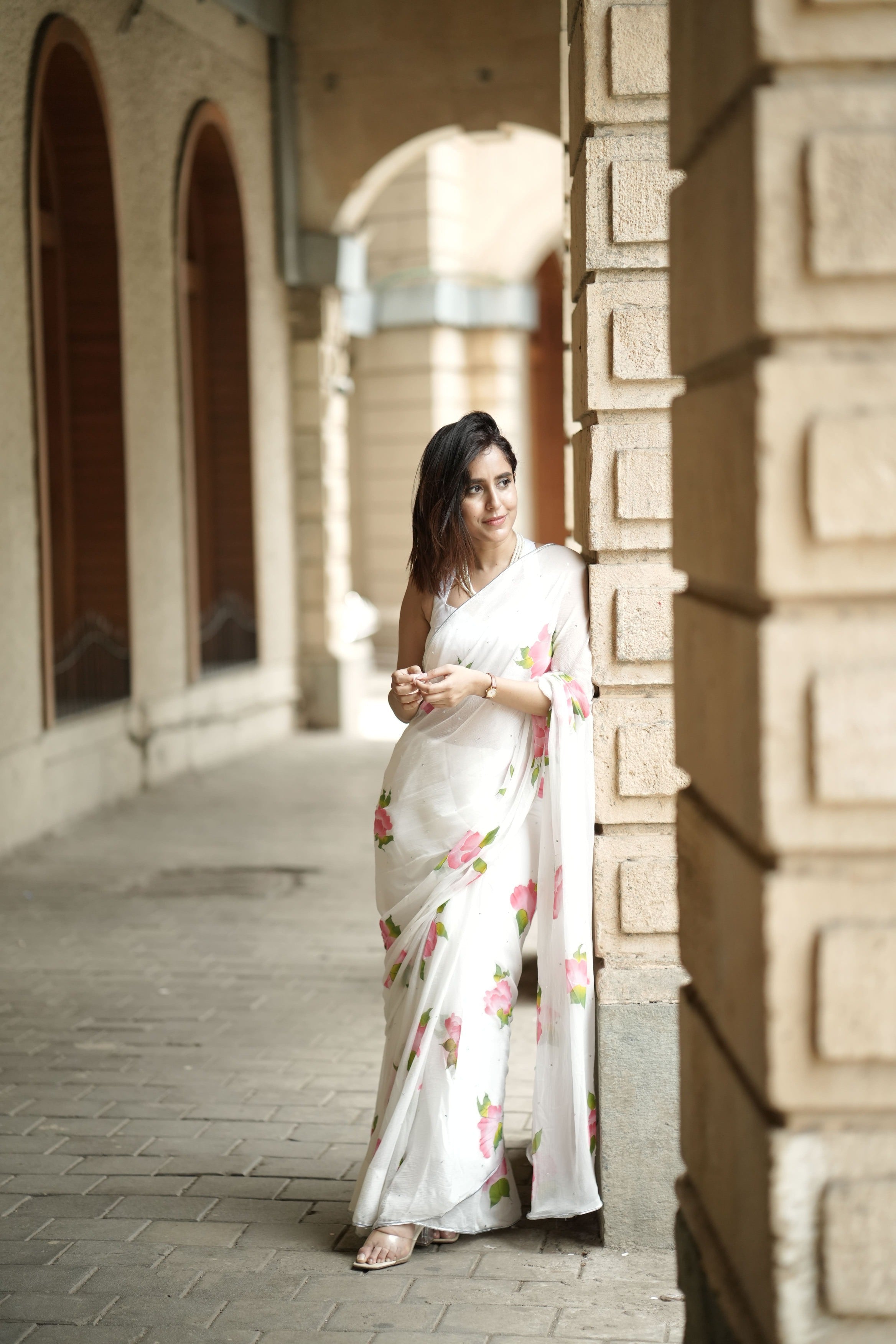 HandPainted and Hand embroidered White Floral Chiffon Saree