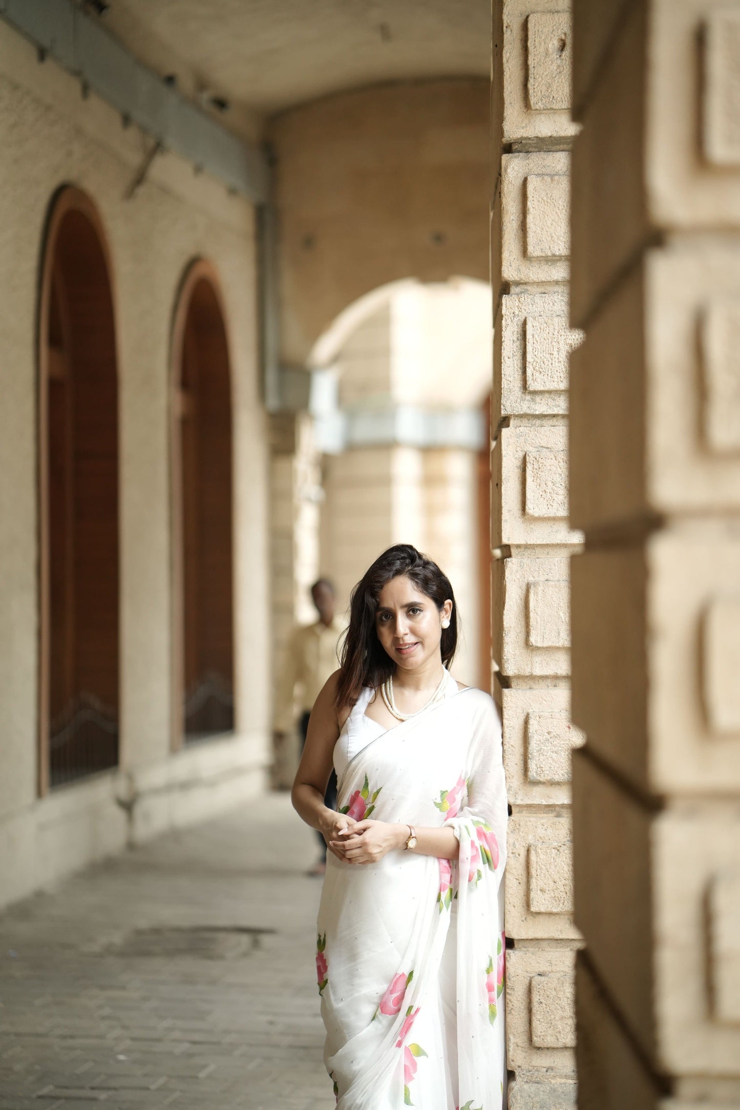 Hand-Painted White Floral Chiffon Saree
