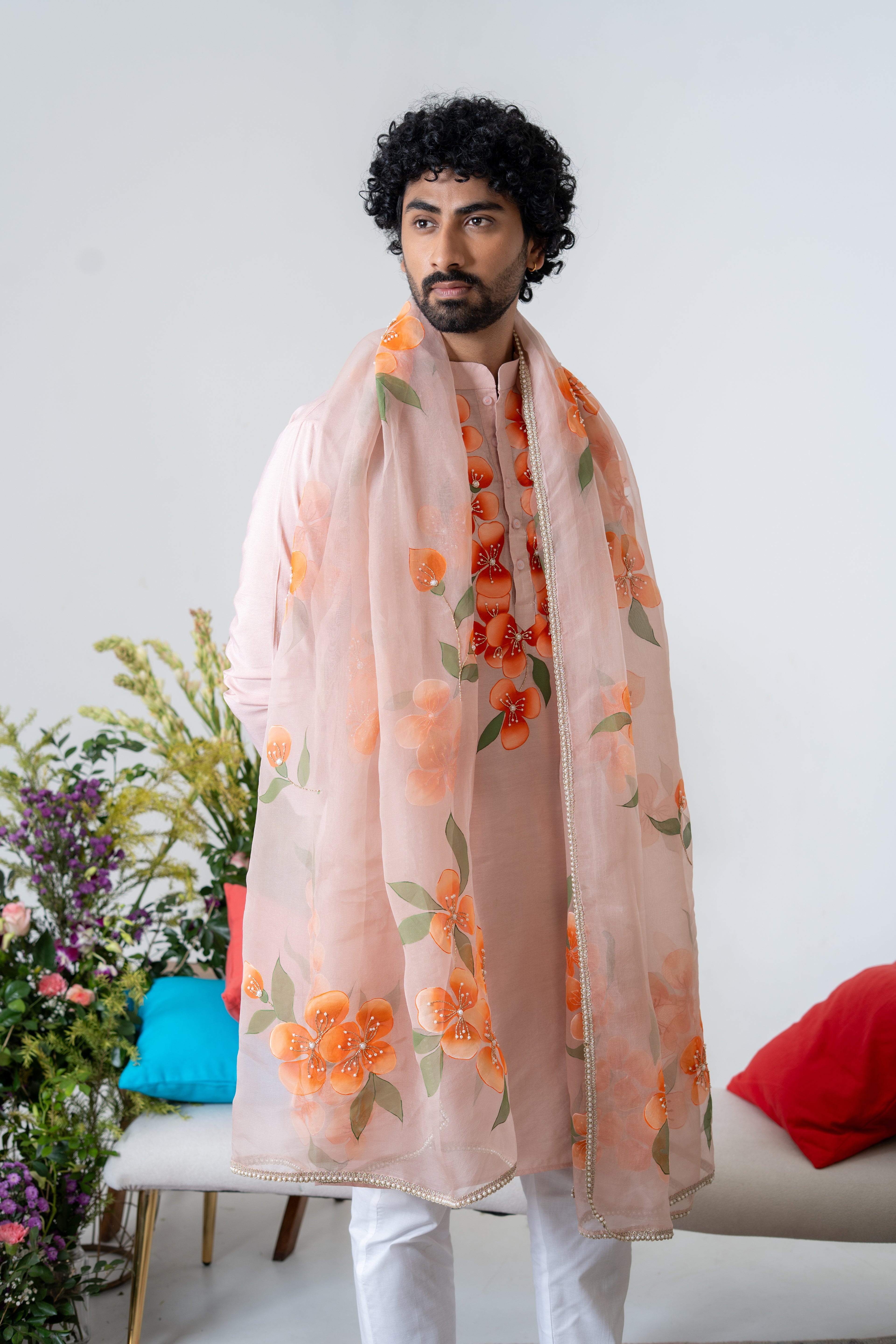 Hand-painted Peach Floral Men's Kurta