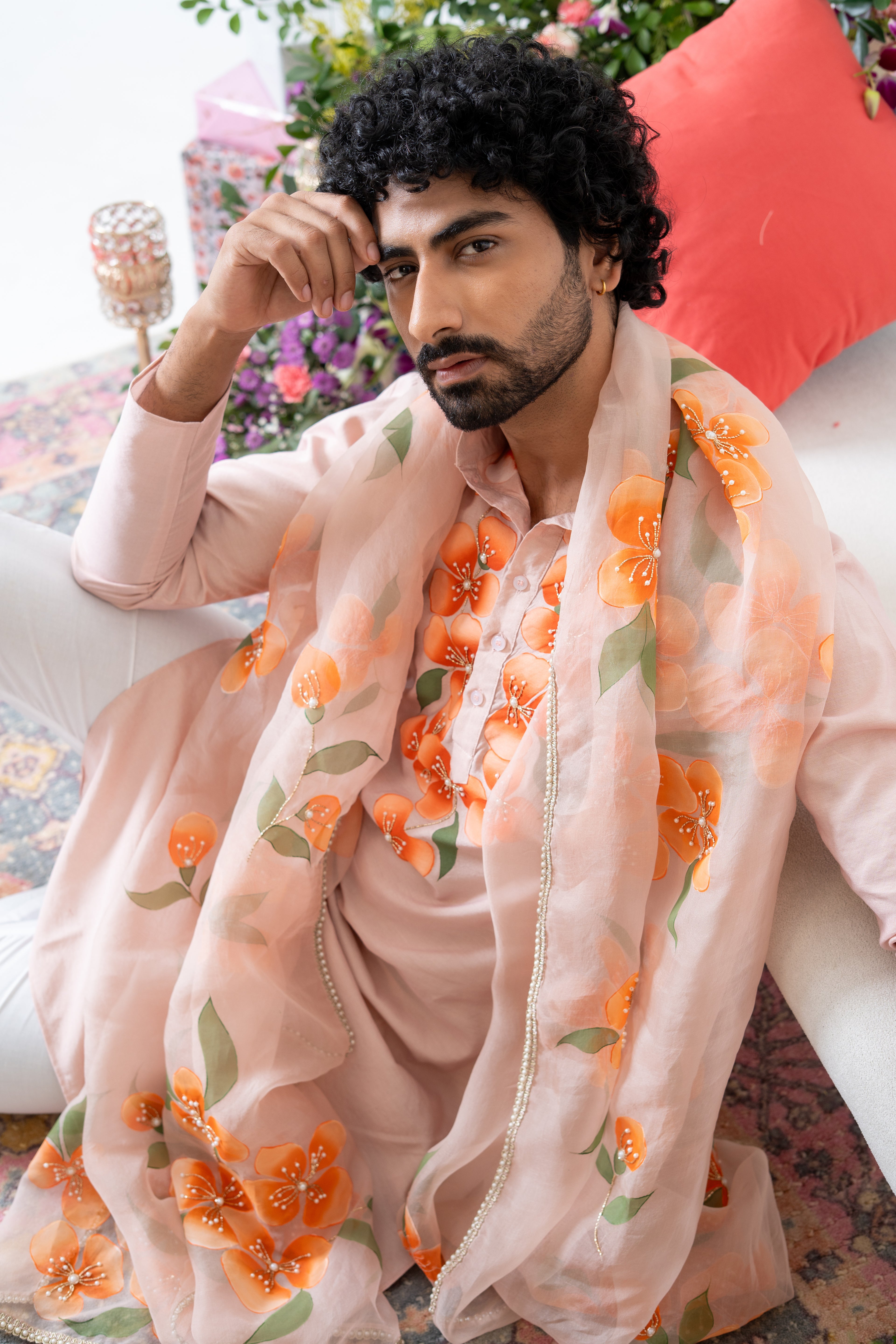 Hand-painted Peach Floral Men's Kurta
