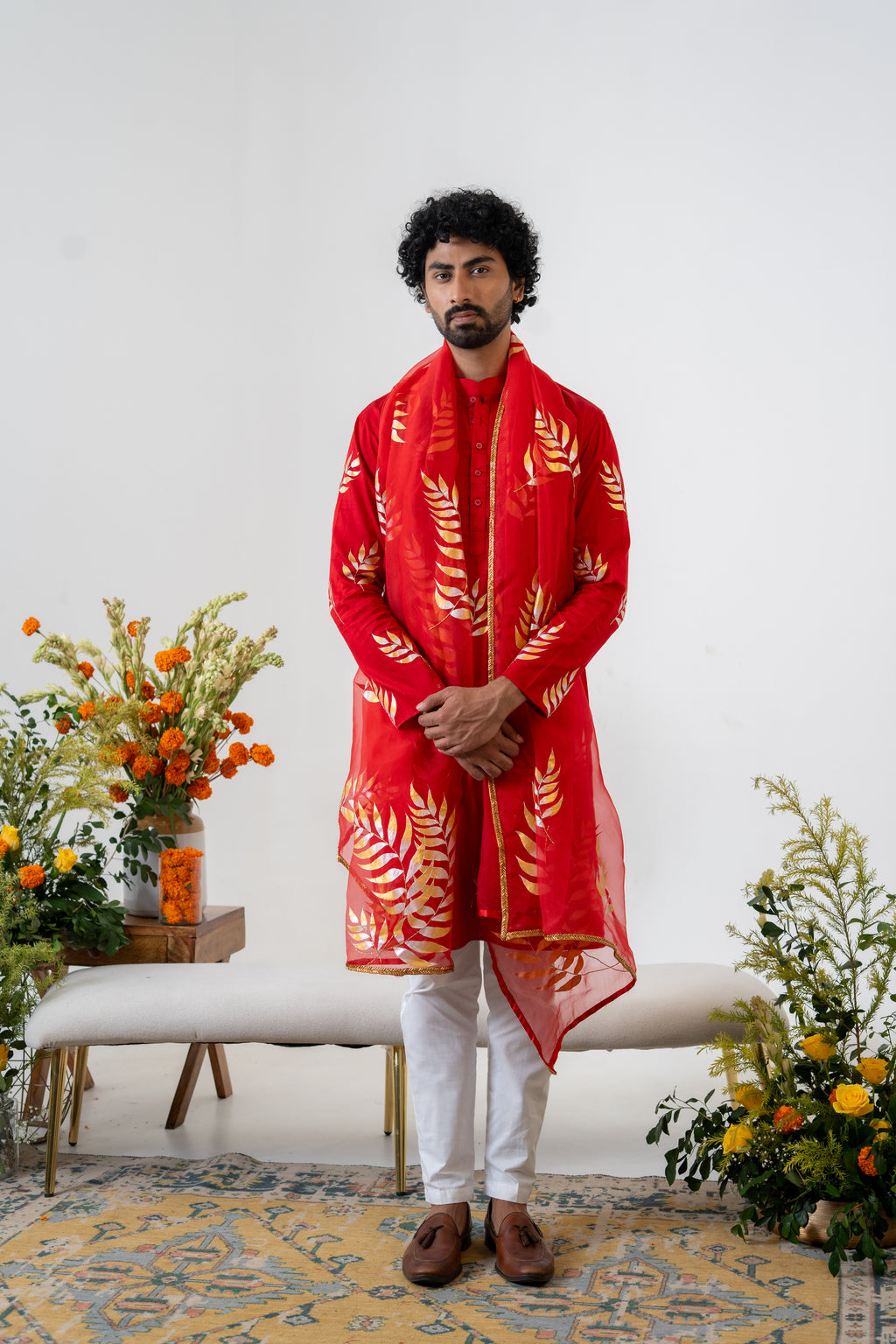 Hand-painted Red Fern Men's Kurta