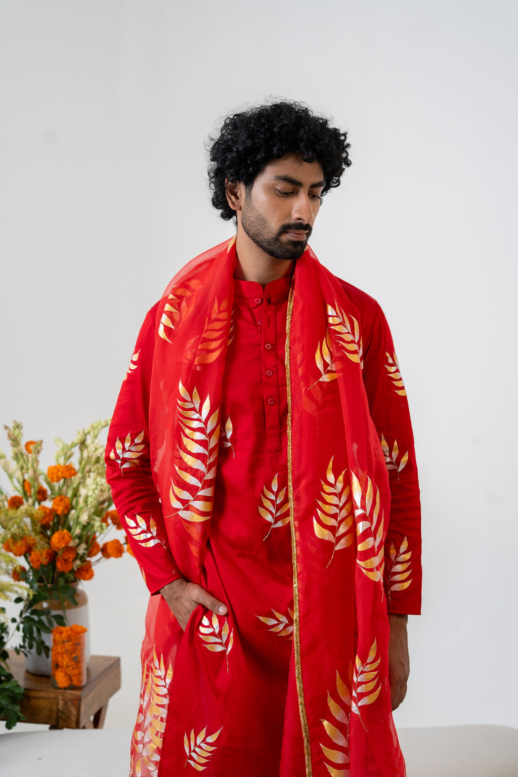Hand-painted Red Fern Men's Kurta