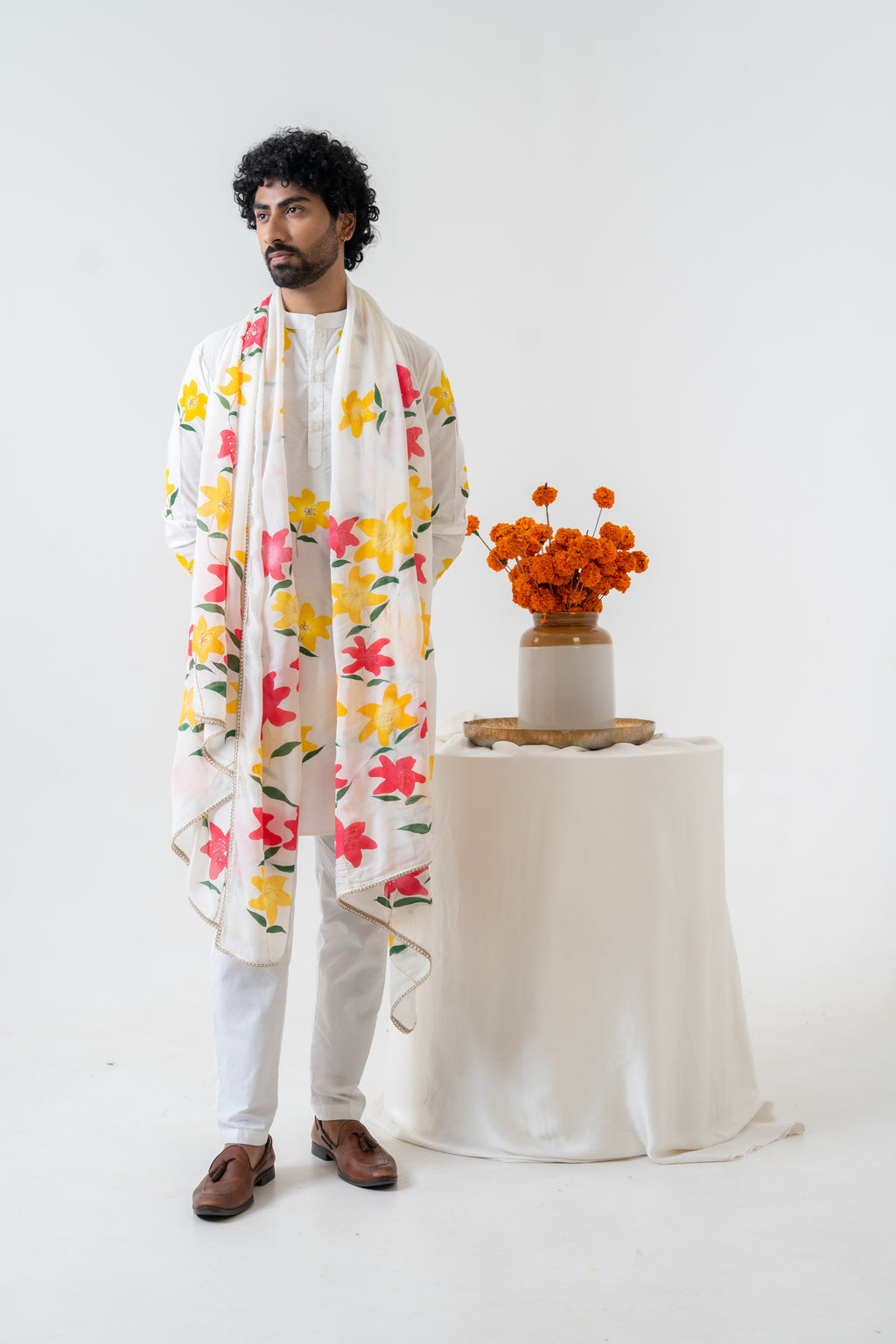 Handpainted and Hand embroidered Ivory Lily Men's Kurta