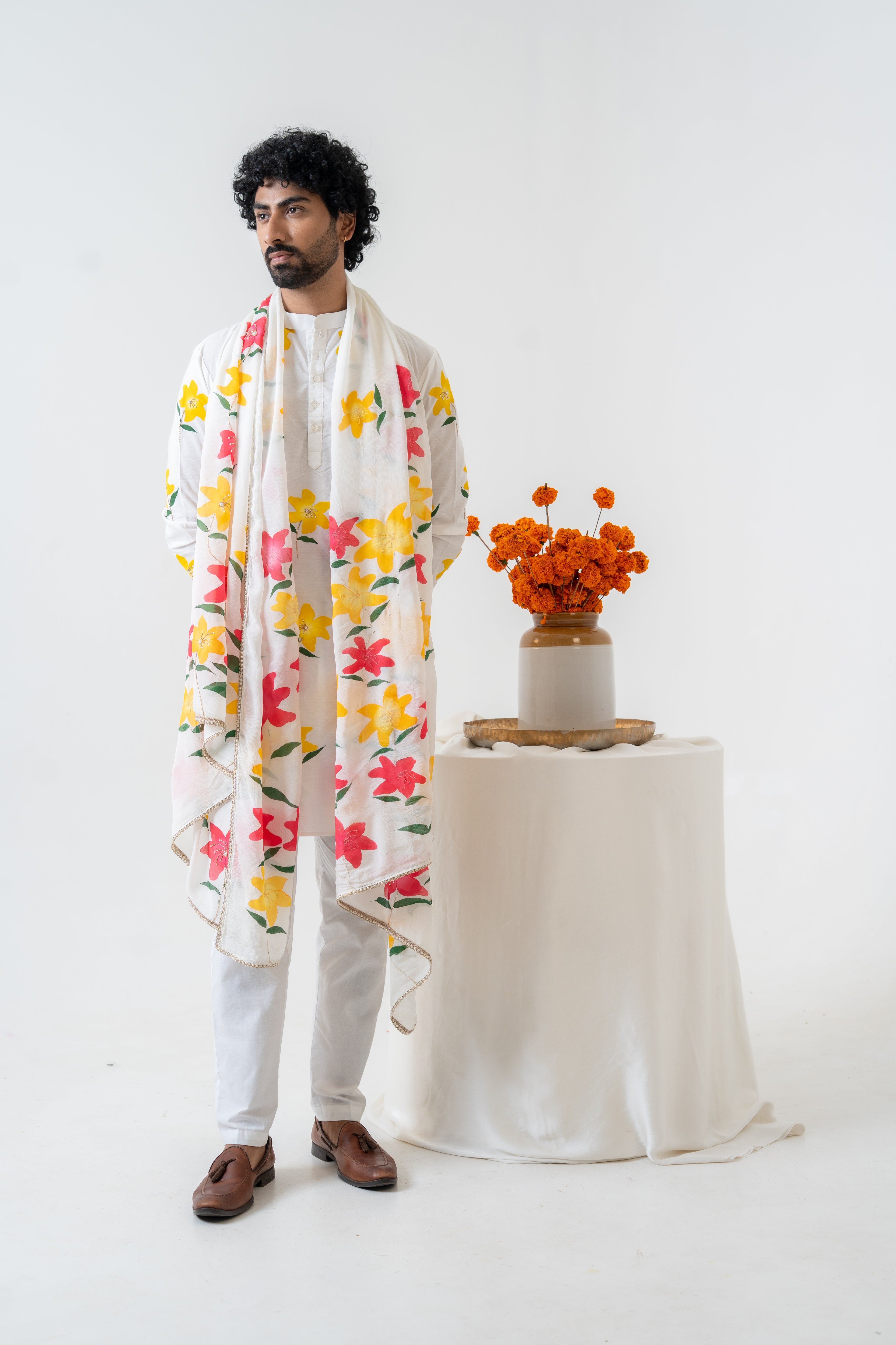 Handpainted and Hand embroidered Ivory Lily Men's Kurta