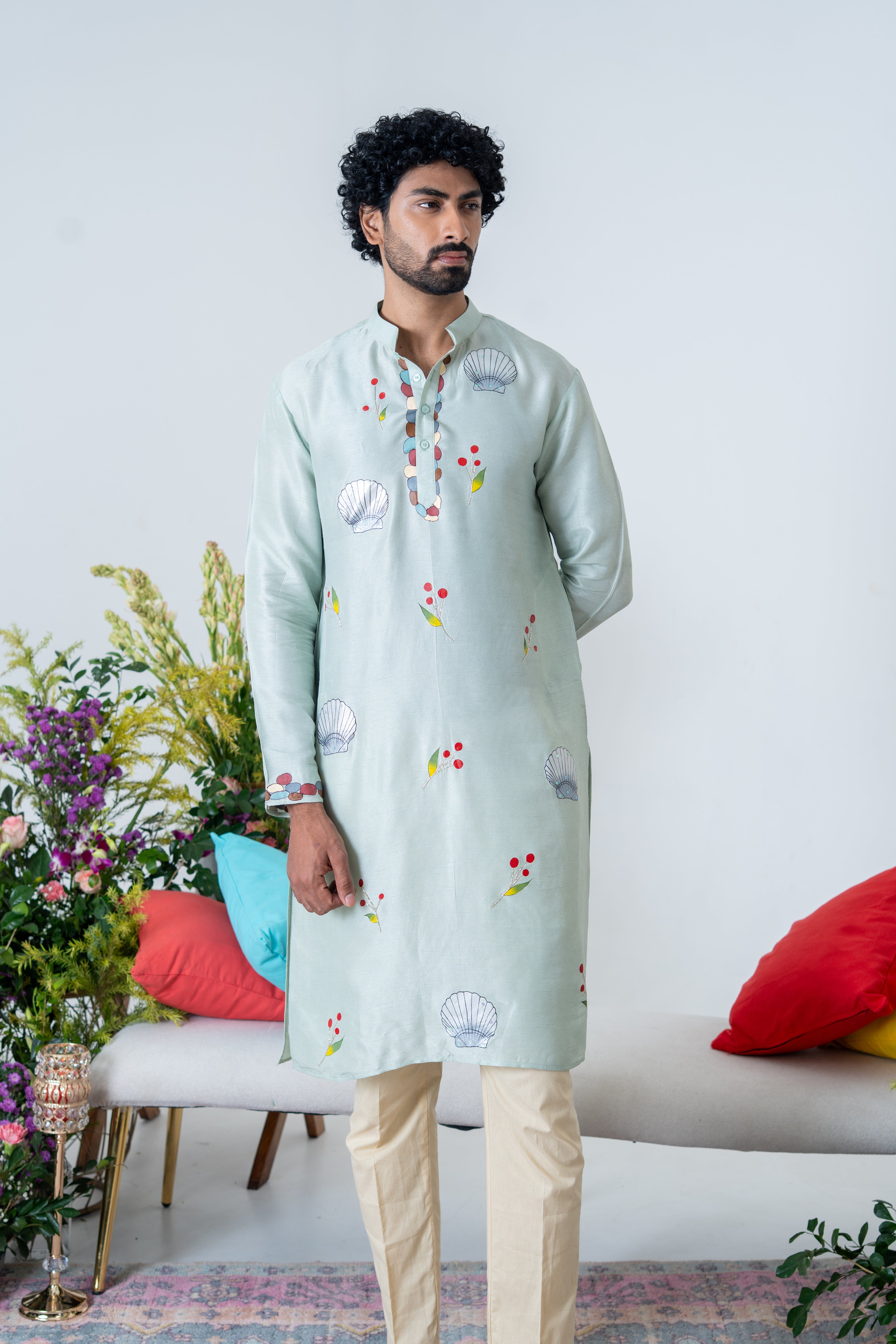 Handpainted and Hand embroidered Sea Green Marine Men's Kurta