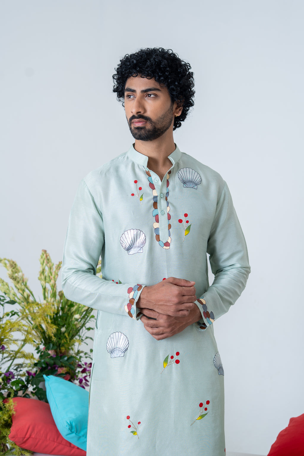 Handpainted and Hand embroidered Sea Green Marine Men's Kurta