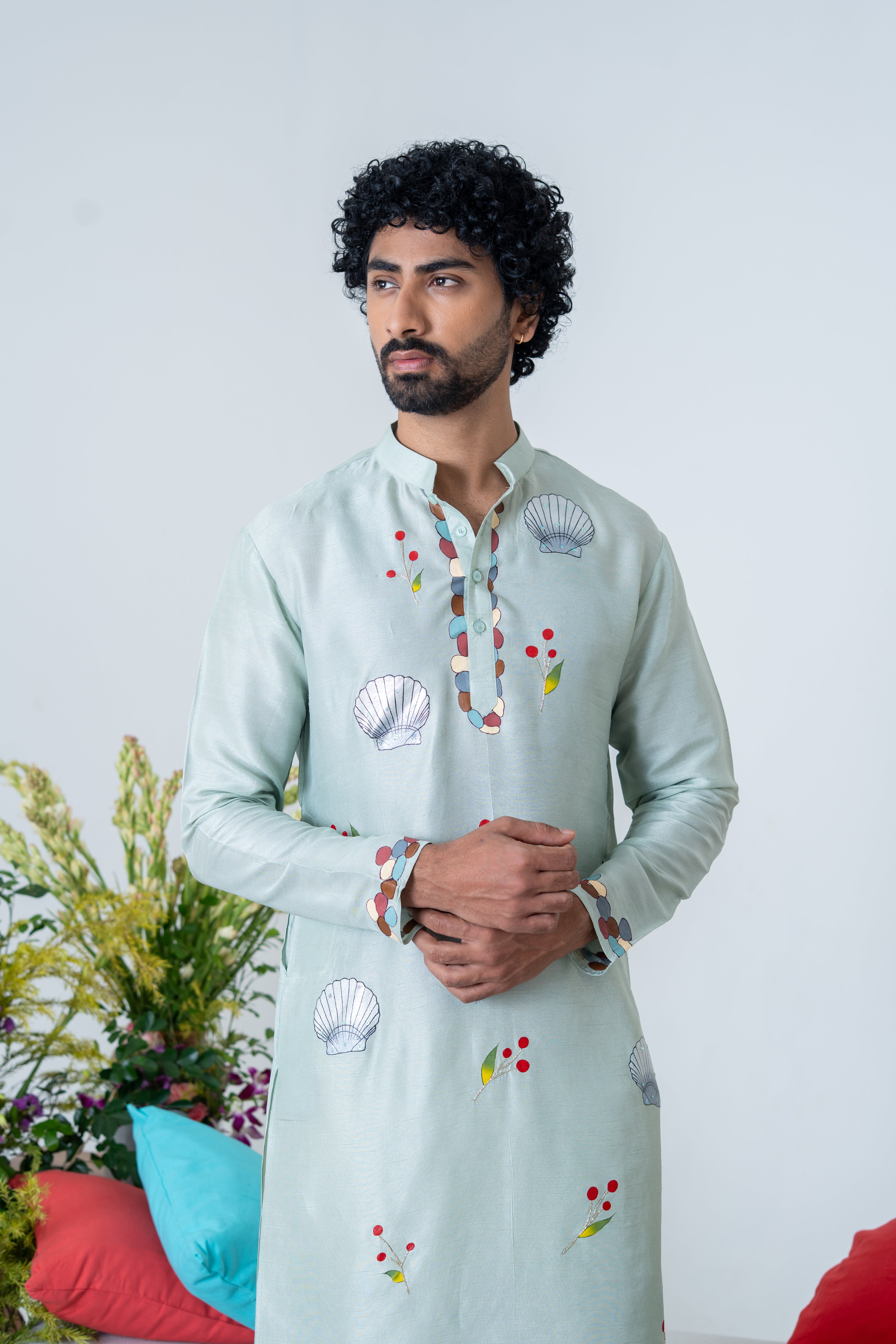 Handpainted and Hand embroidered Sea Green Marine Men's Kurta