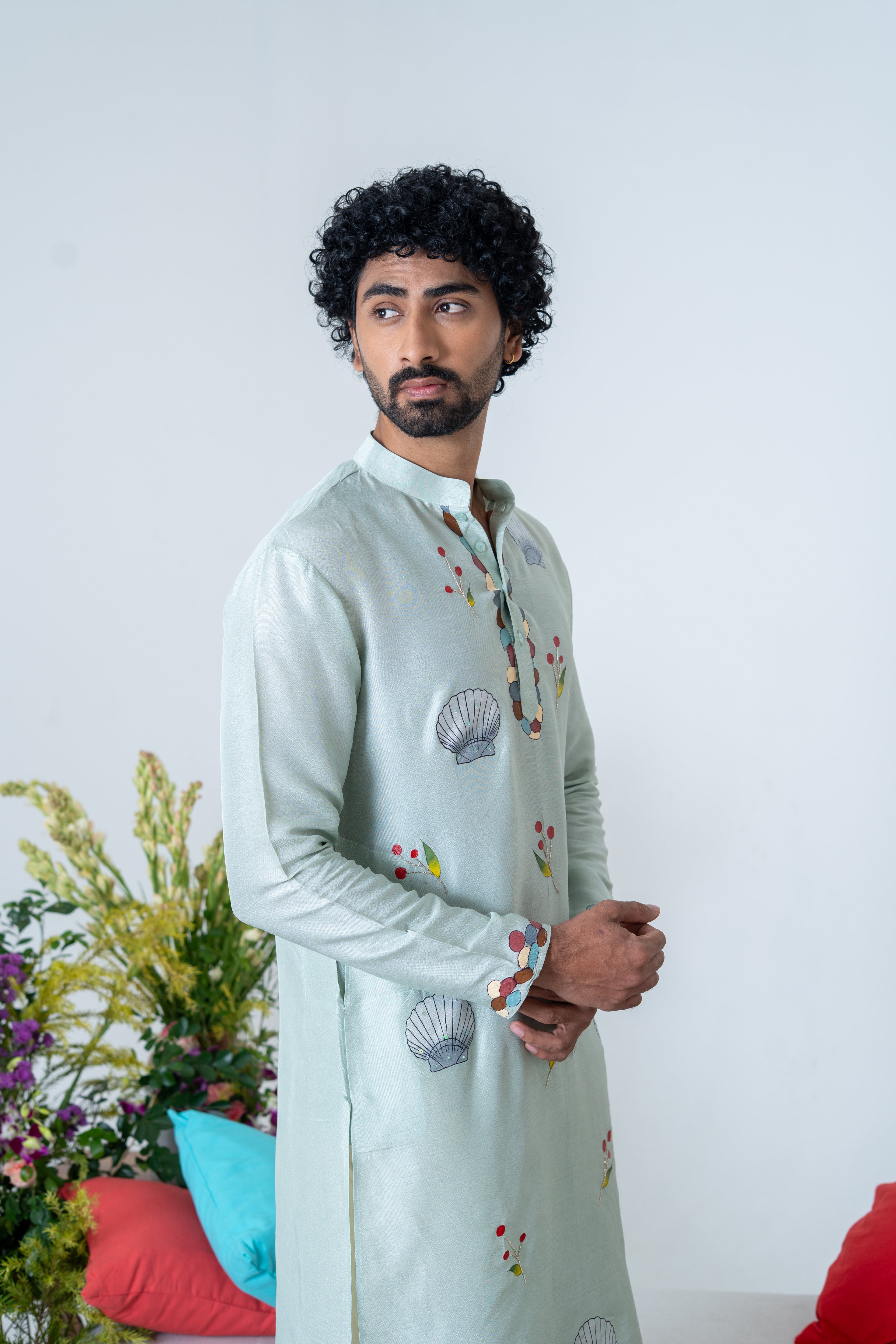 Handpainted and Hand embroidered Sea Green Marine Men's Kurta