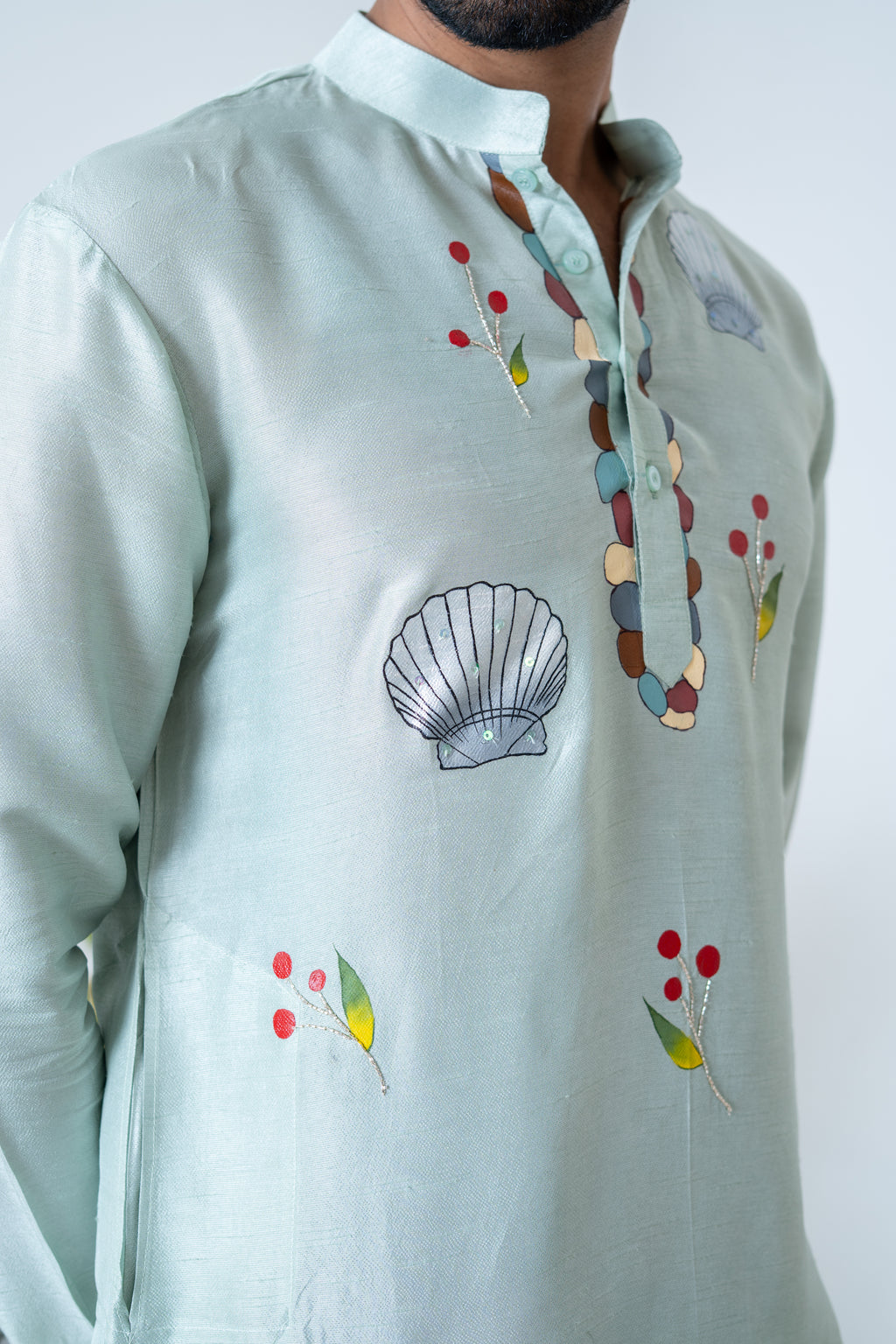 Handpainted and Hand embroidered Sea Green Marine Men's Kurta