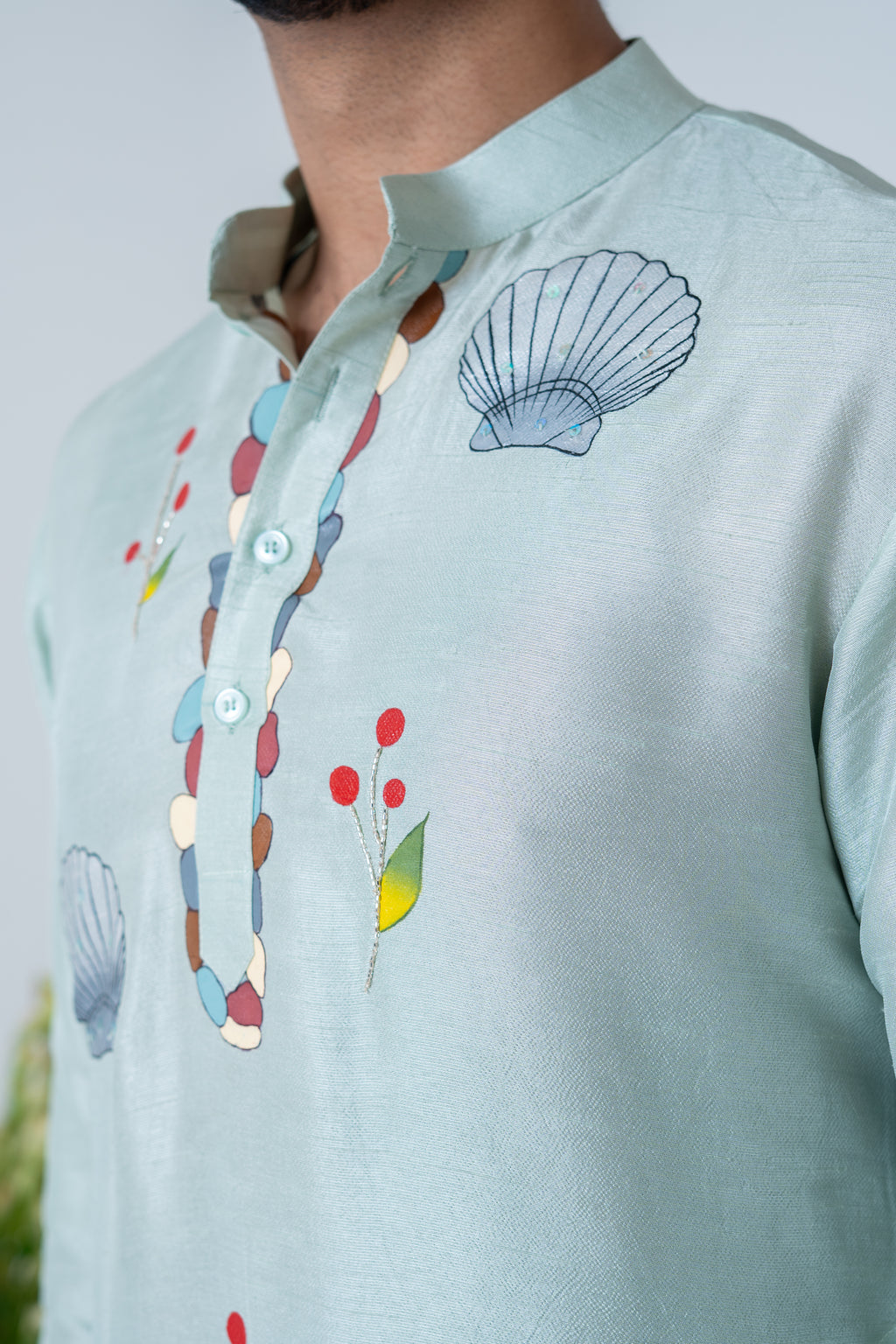 Handpainted and Hand embroidered Sea Green Marine Men's Kurta