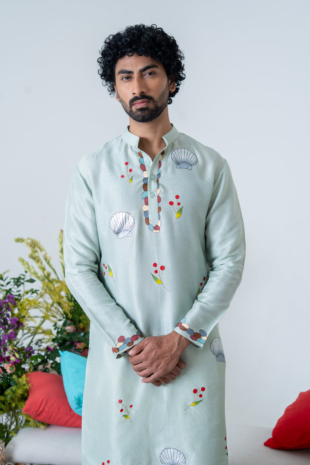 Handpainted and Hand embroidered Sea Green Marine Men's Kurta