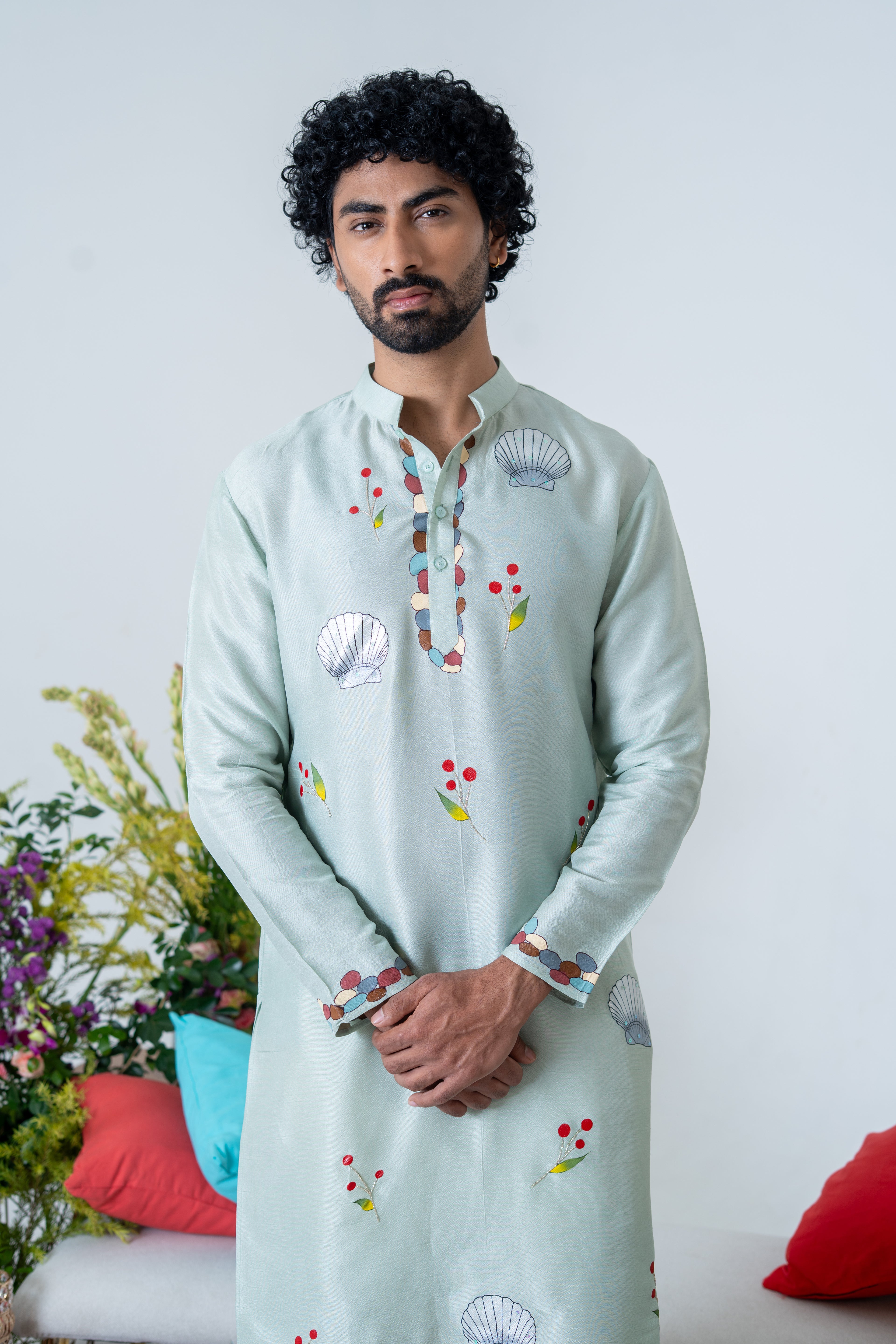 Handpainted and Hand embroidered Sea Green Marine Men's Kurta