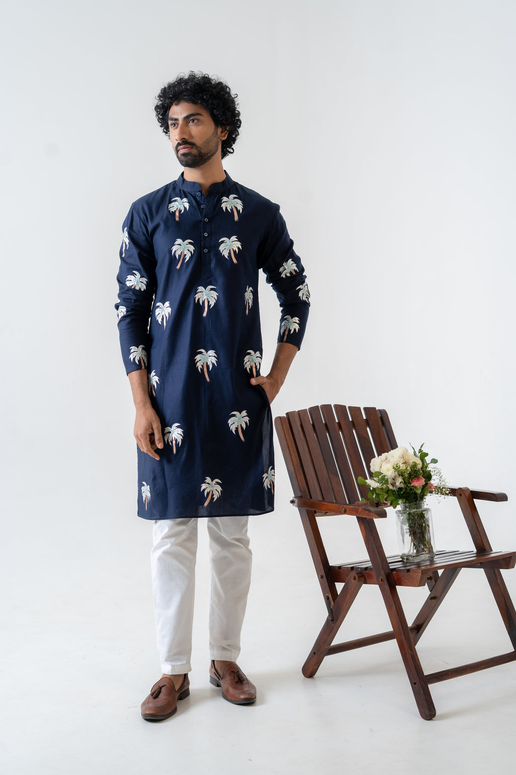 Handpainted and Hand embroidered Navy Blue Palm Tree Men's Kurta