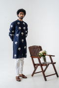 Handpainted and Hand embroidered Navy Blue Palm Tree Men's Kurta