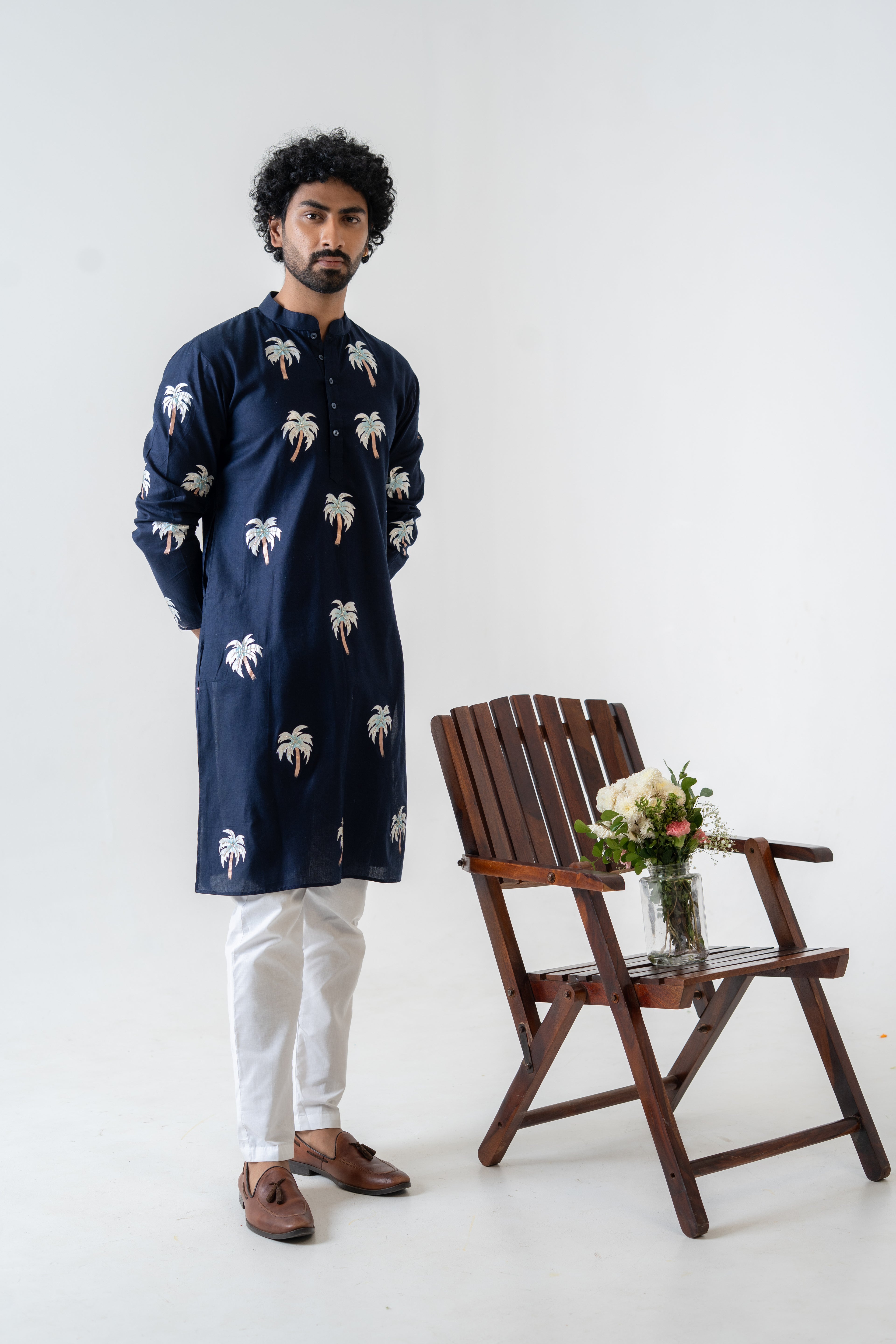 Handpainted and Hand embroidered Navy Blue Palm Tree Men's Kurta