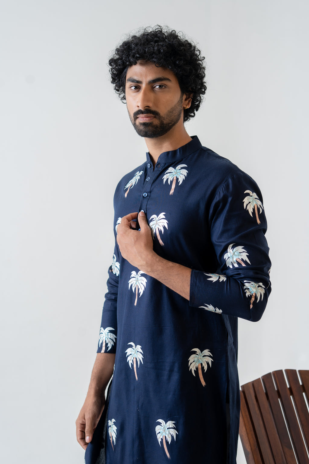 Handpainted and Hand embroidered Navy Blue Palm Tree Men's Kurta
