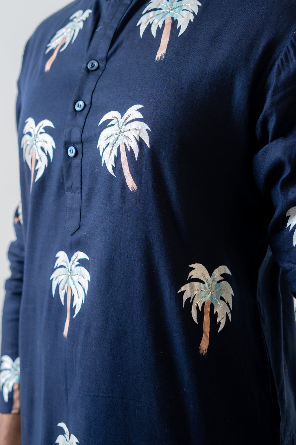 Handpainted and Hand embroidered Navy Blue Palm Tree Men's Kurta