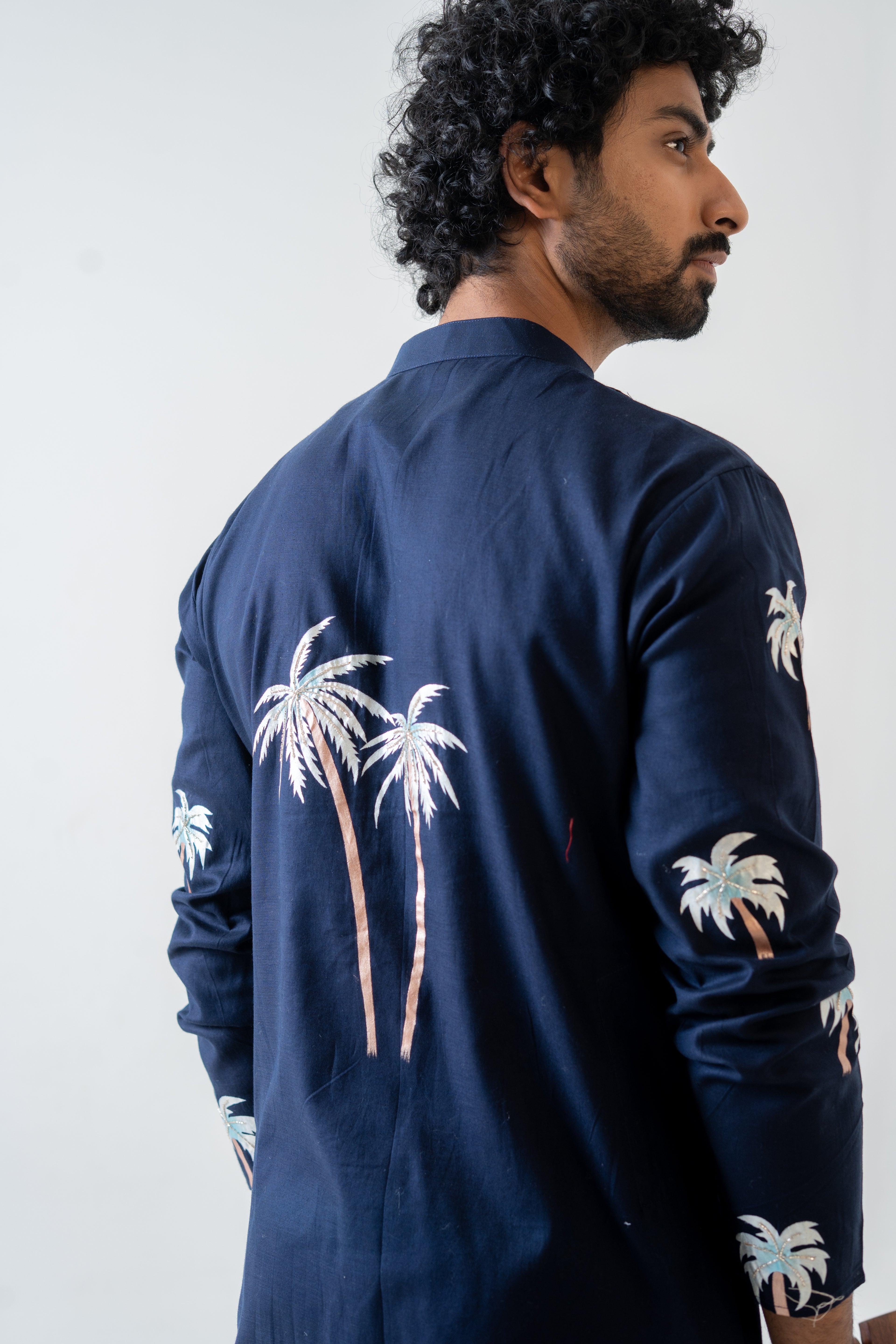 Handpainted and Hand embroidered Navy Blue Palm Tree Men's Kurta