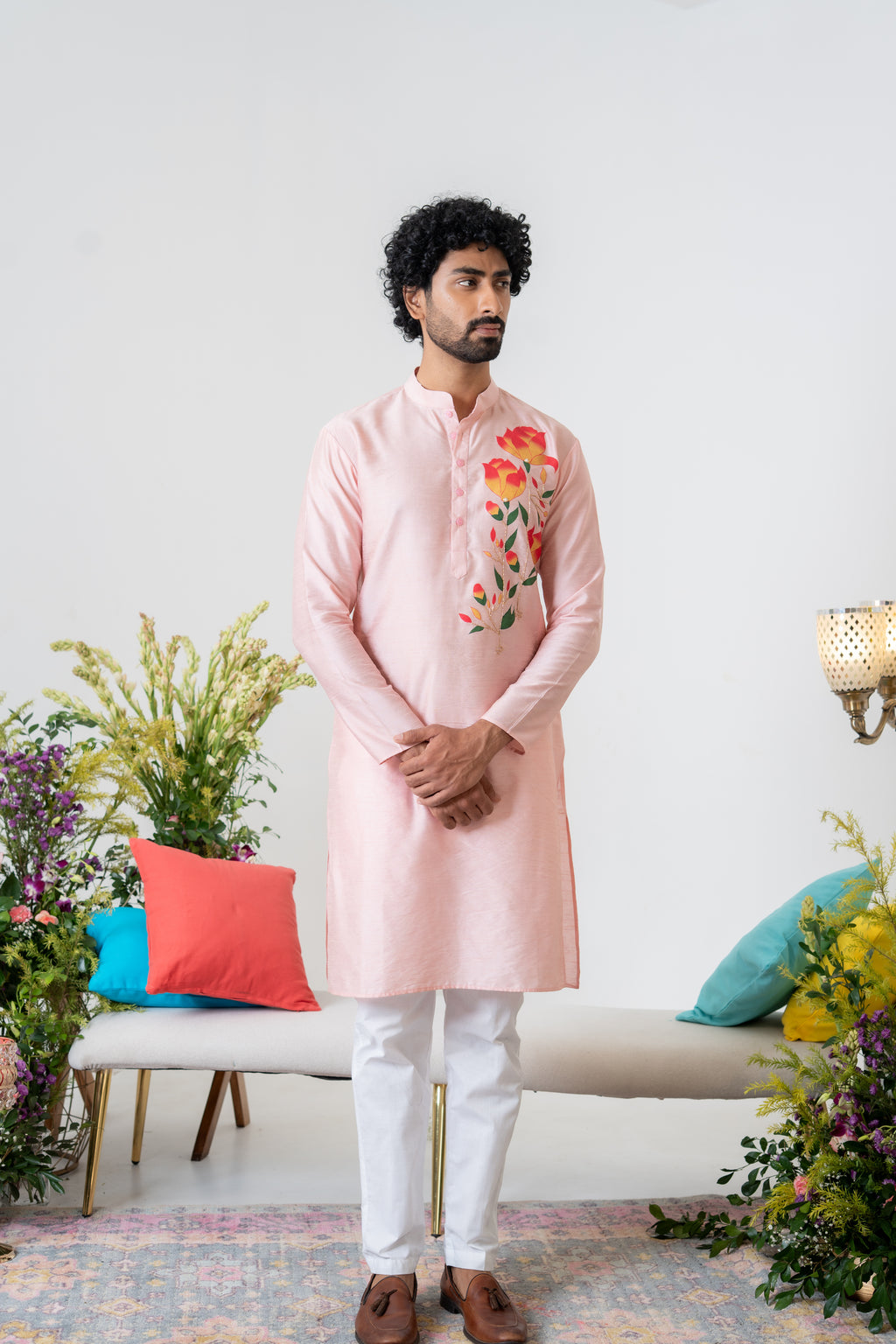 Handpainted and Hand embroidered Powder Pink Magnolia Men's Kurta