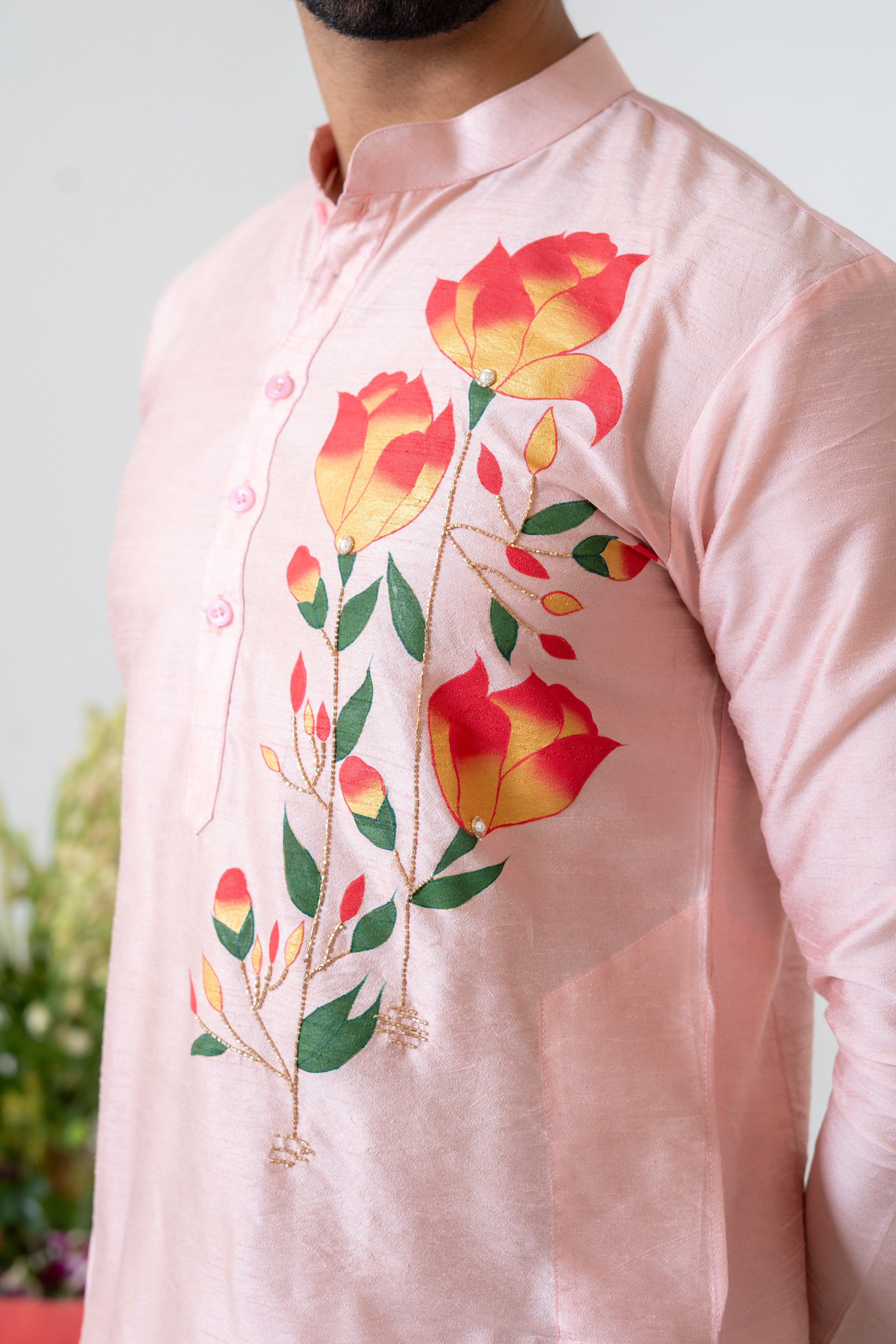 Handpainted and Hand embroidered Powder Pink Magnolia Men's Kurta