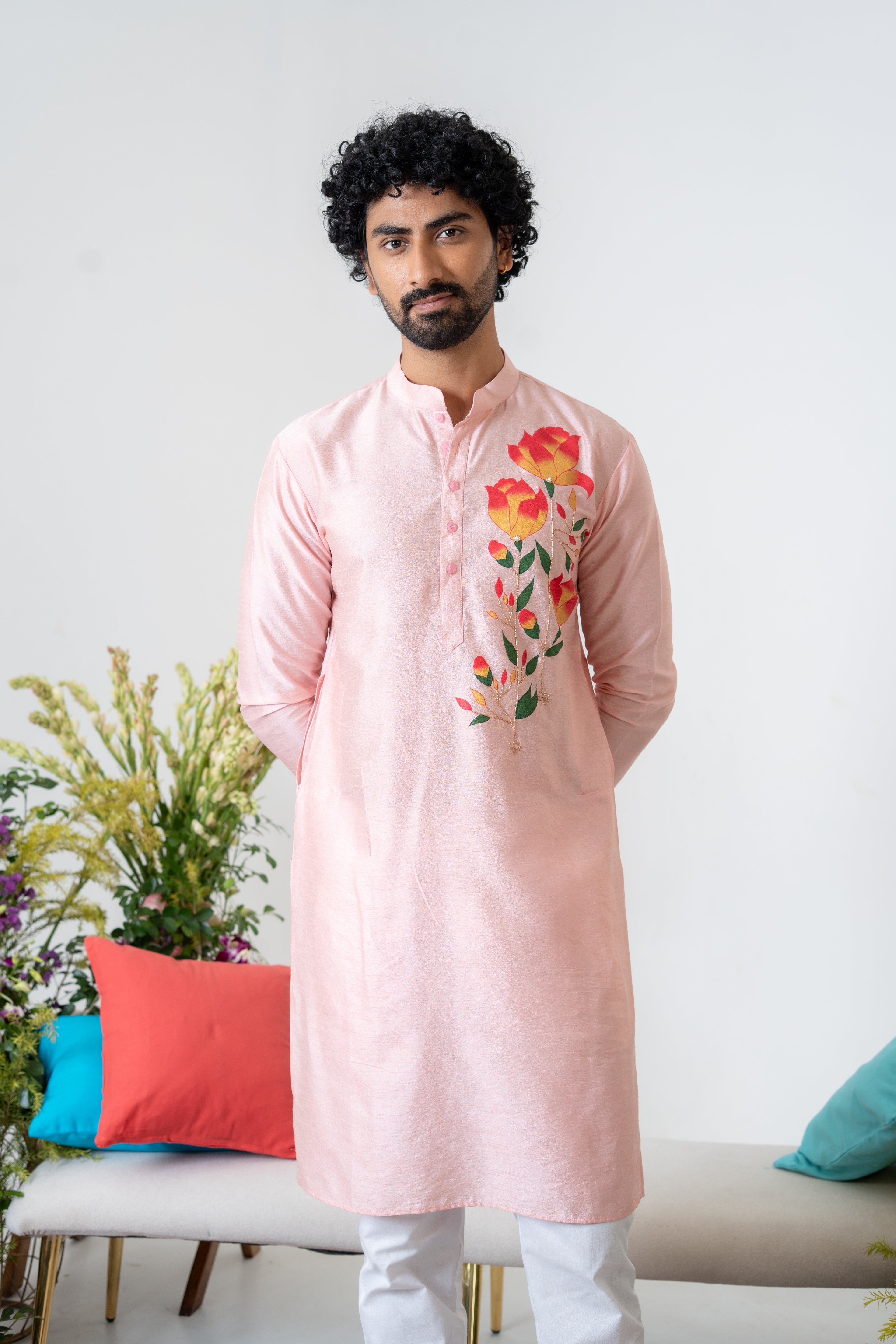 Handpainted and Hand embroidered Powder Pink Magnolia Men's Kurta