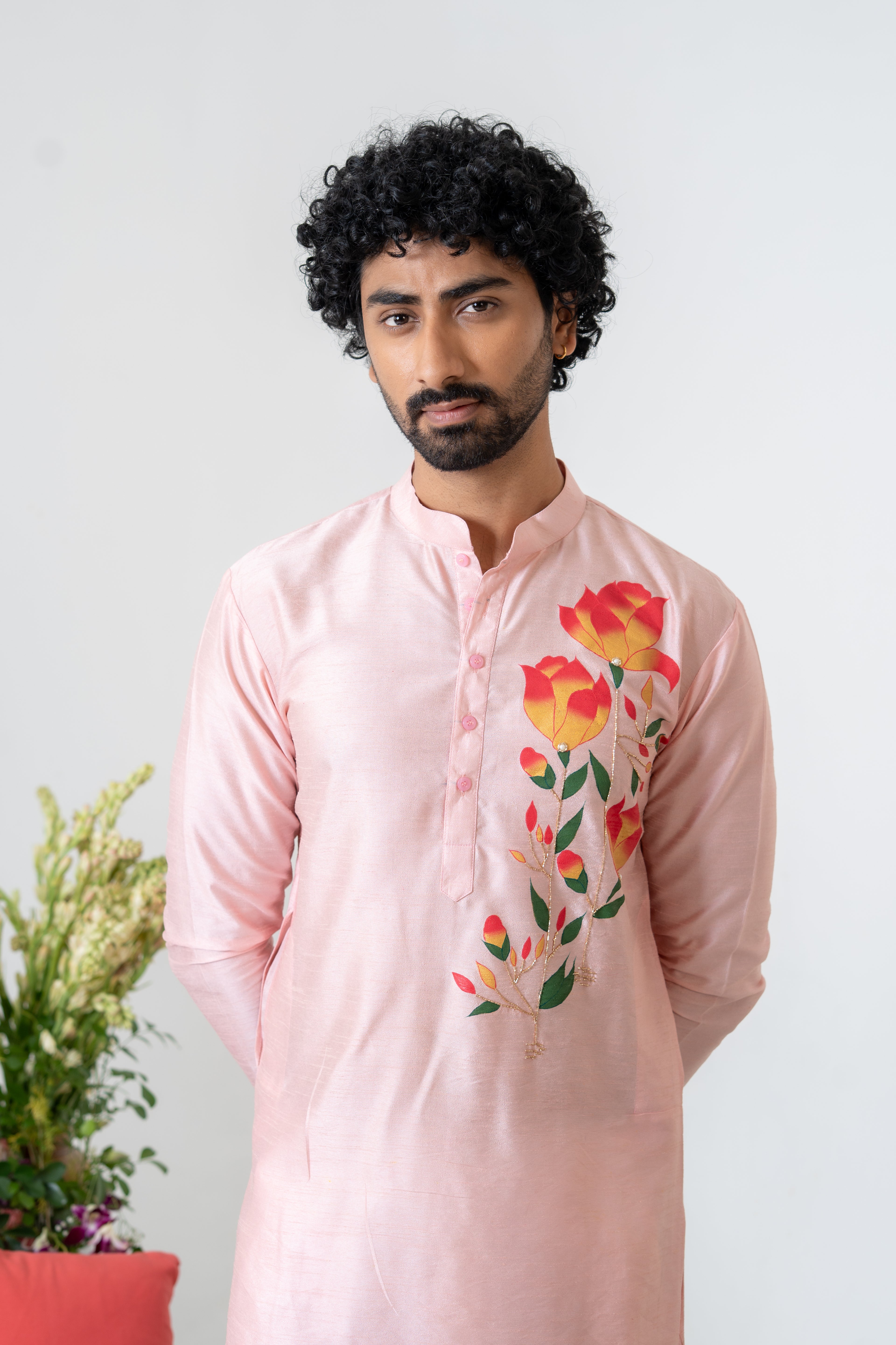 Handpainted and Hand embroidered Powder Pink Magnolia Men's Kurta