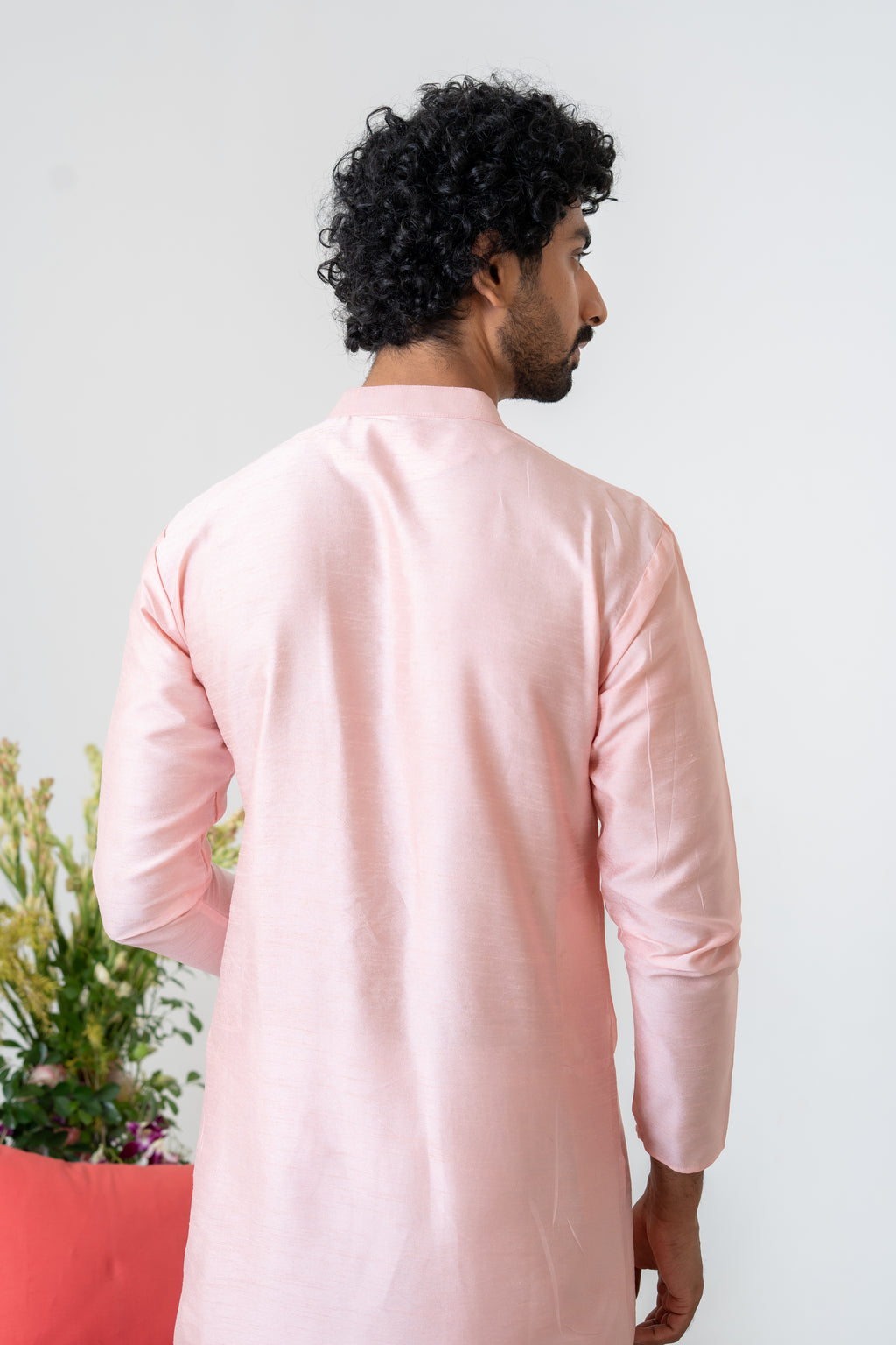 Handpainted and Hand embroidered Powder Pink Magnolia Men's Kurta