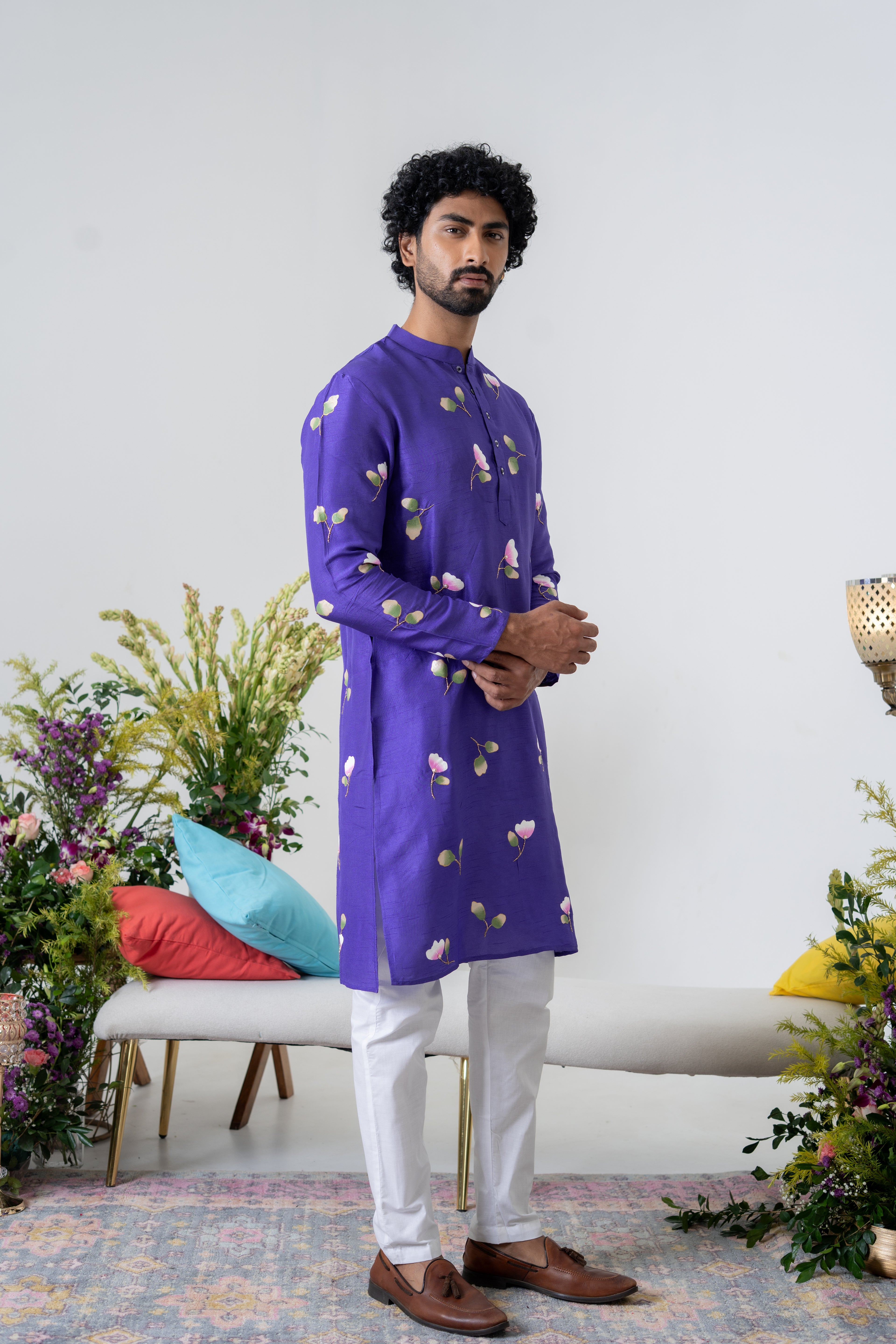 Handpainted and Handembroiderd Purple Spring Rose Men's Kurta