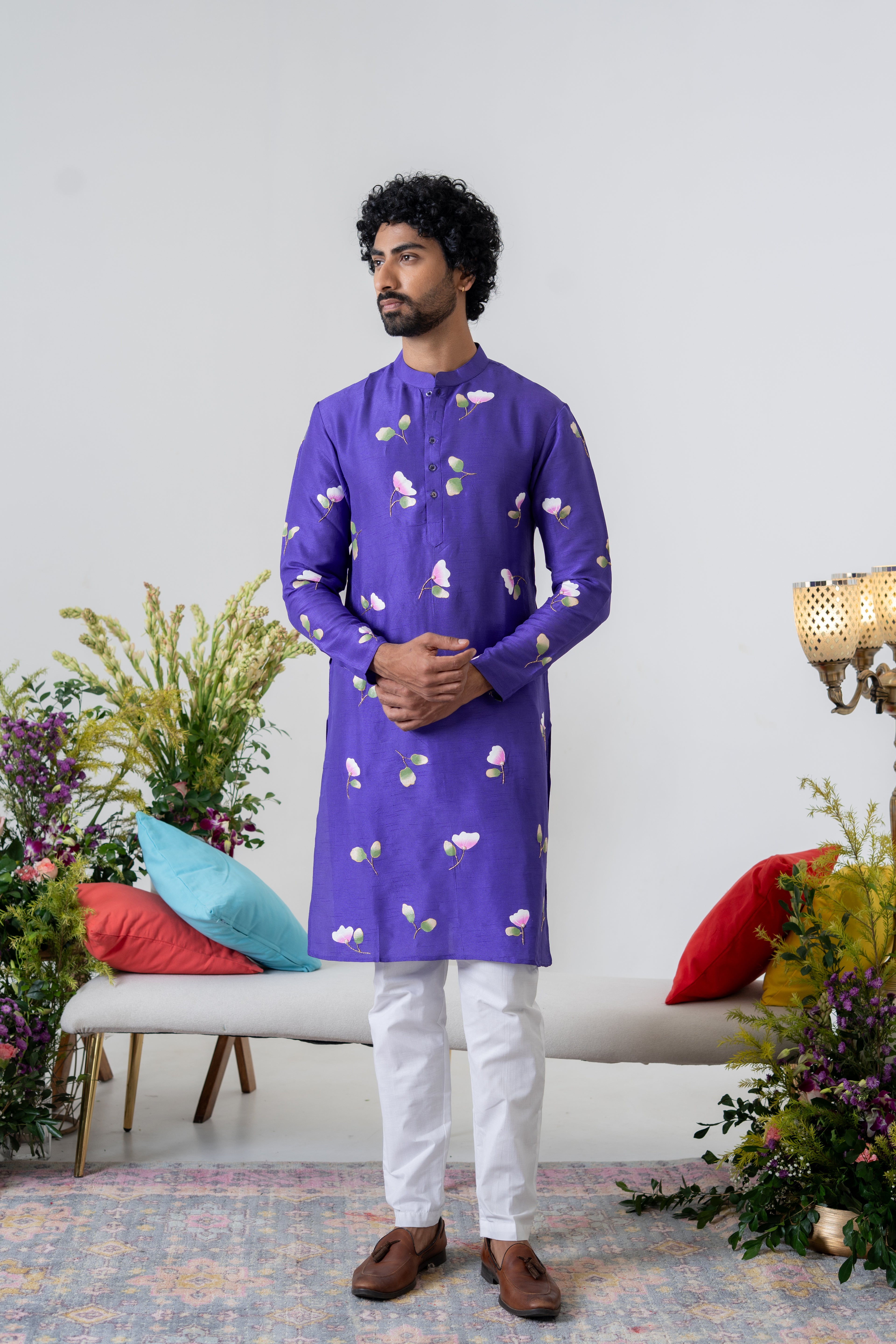 Handpainted and Handembroiderd Purple Spring Rose Men's Kurta