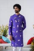Handpainted and Handembroiderd Purple Spring Rose Men's Kurta
