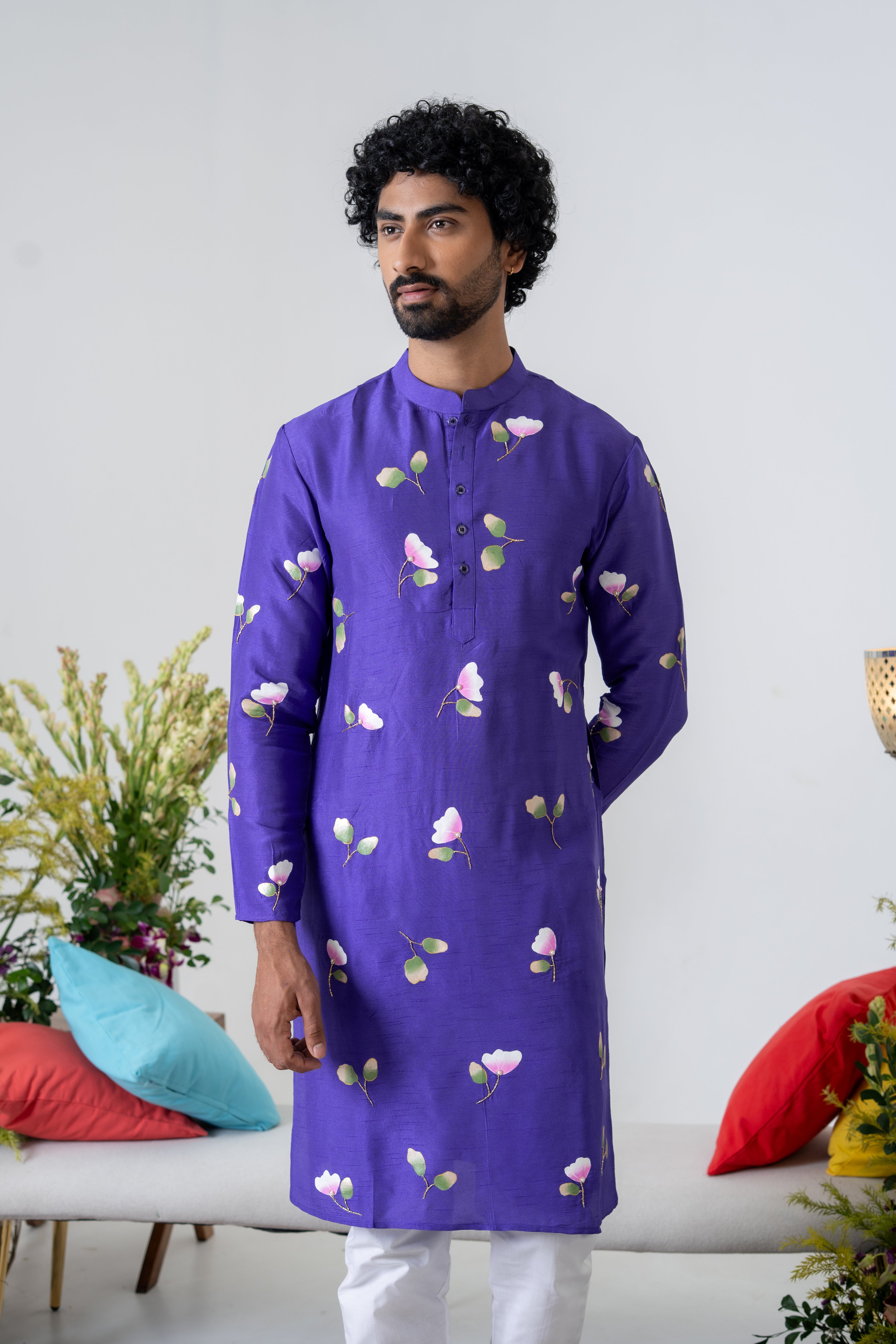 Handpainted and Handembroiderd Purple Spring Rose Men's Kurta