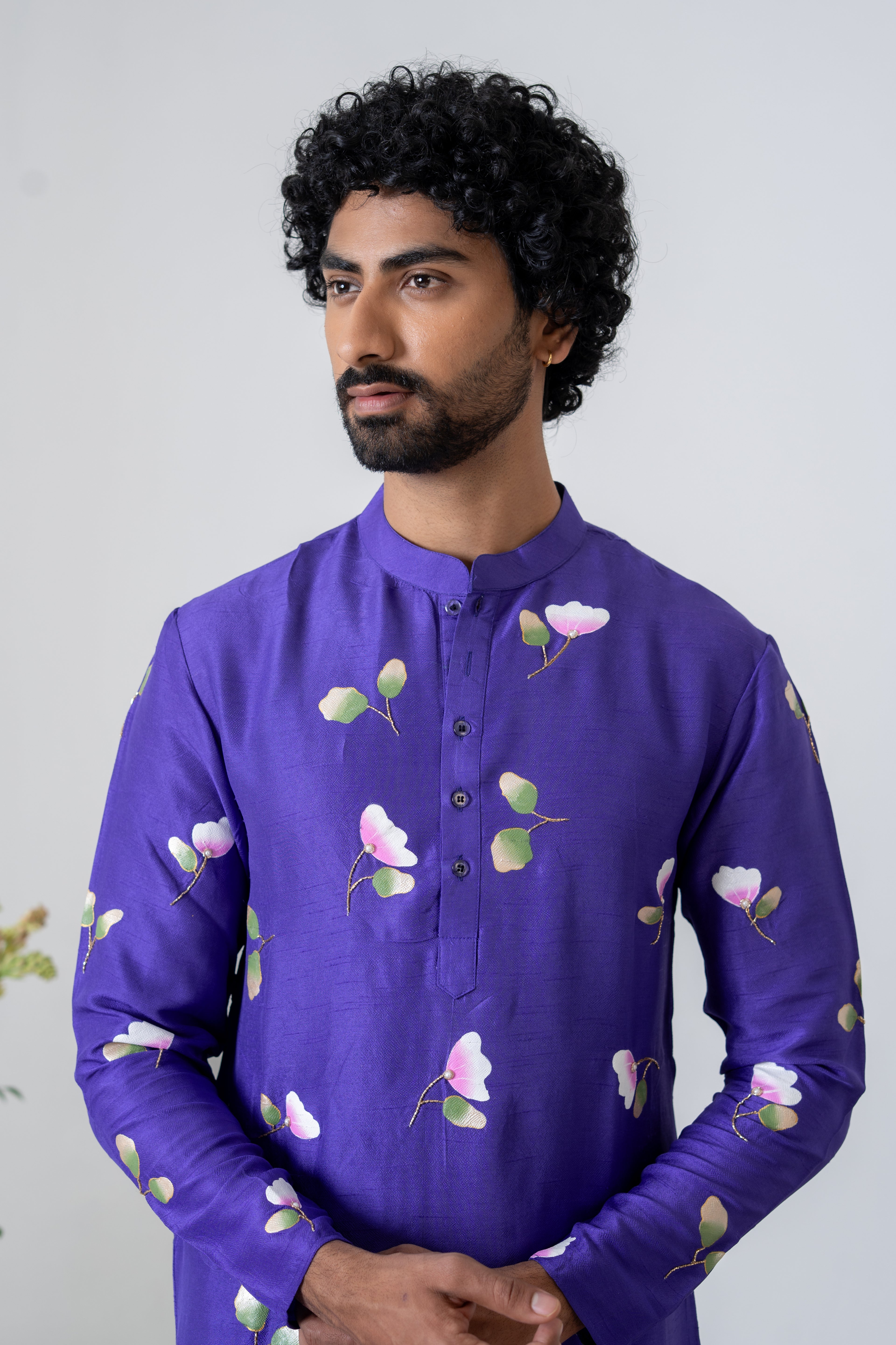 Handpainted and Handembroiderd Purple Spring Rose Men's Kurta