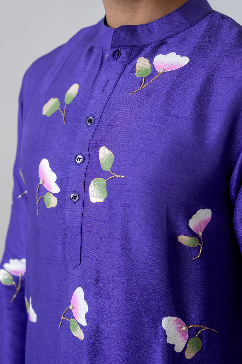 Handpainted and Handembroiderd Purple Spring Rose Men's Kurta
