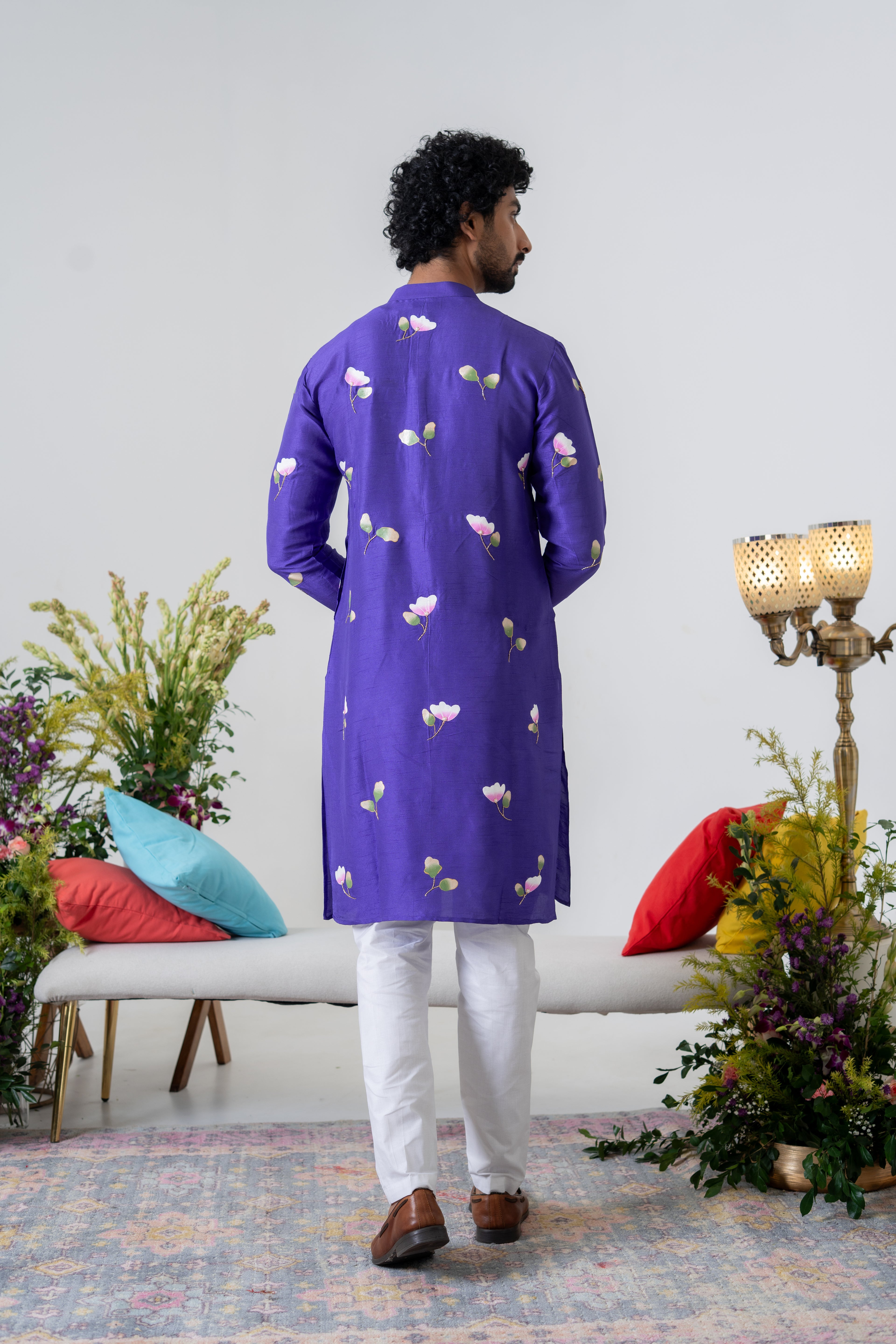 Handpainted and Handembroiderd Purple Spring Rose Men's Kurta