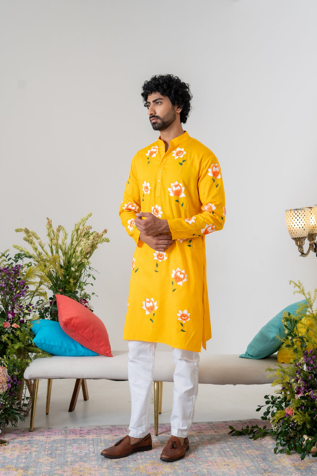 Handpainted and Hand embroidered Yellow White Rose Men's Kurta